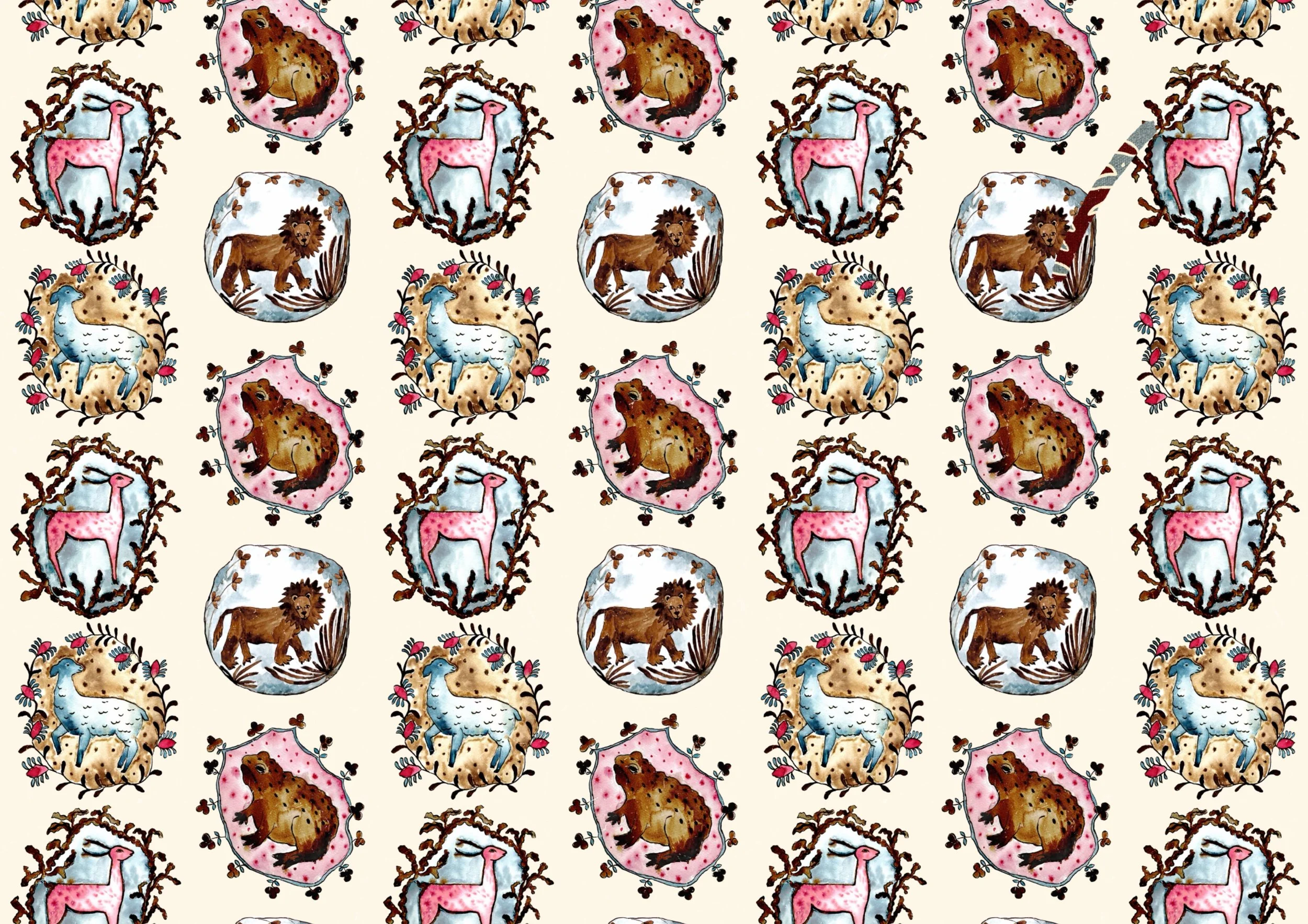 A seamless pattern featuring illustrated animals and nests, including a pink giraffe, a brown lion, a white sheep, and a brown hedgehog, each surrounded by decorative foliage on a light background.