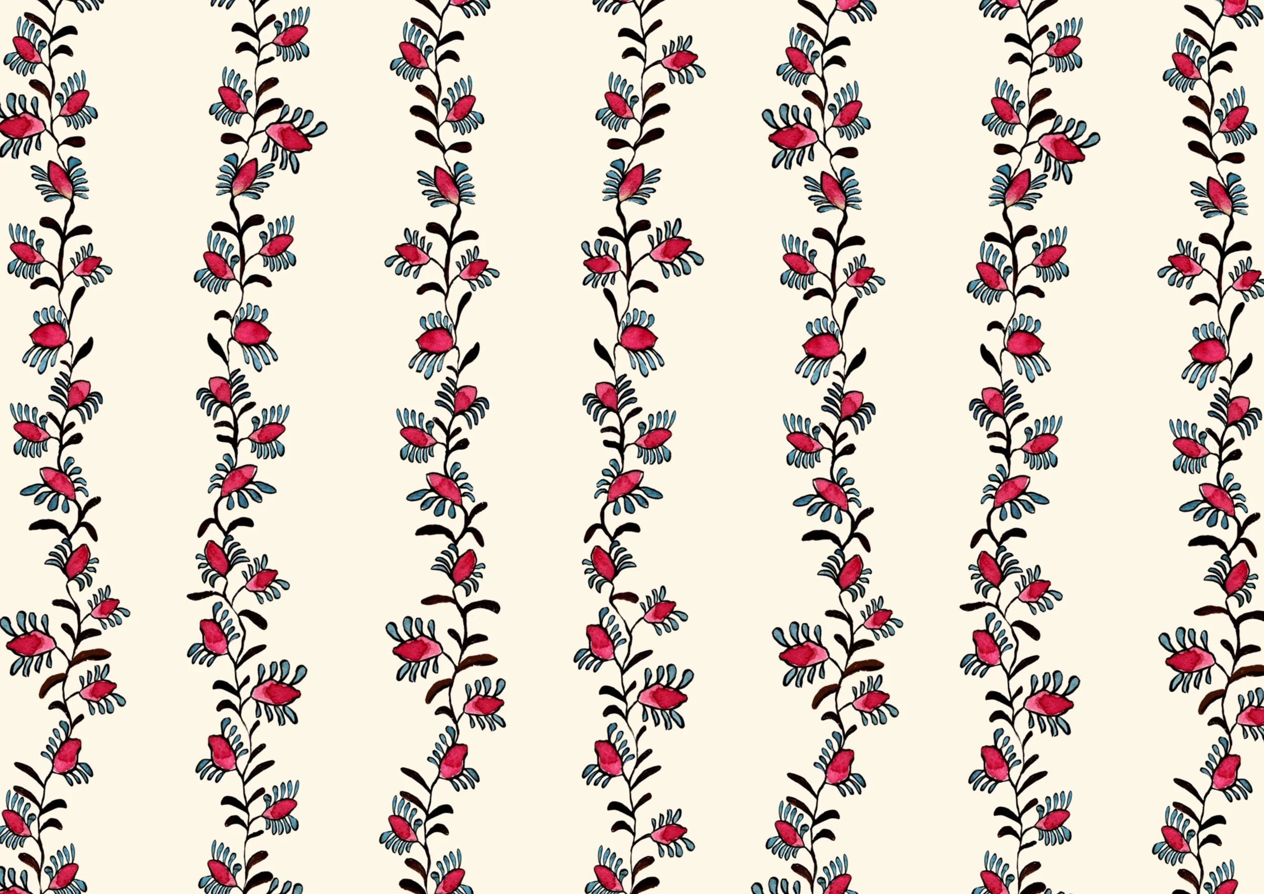 Pattern of vertical floral stripes with red, blue, and black flowers on a beige background.