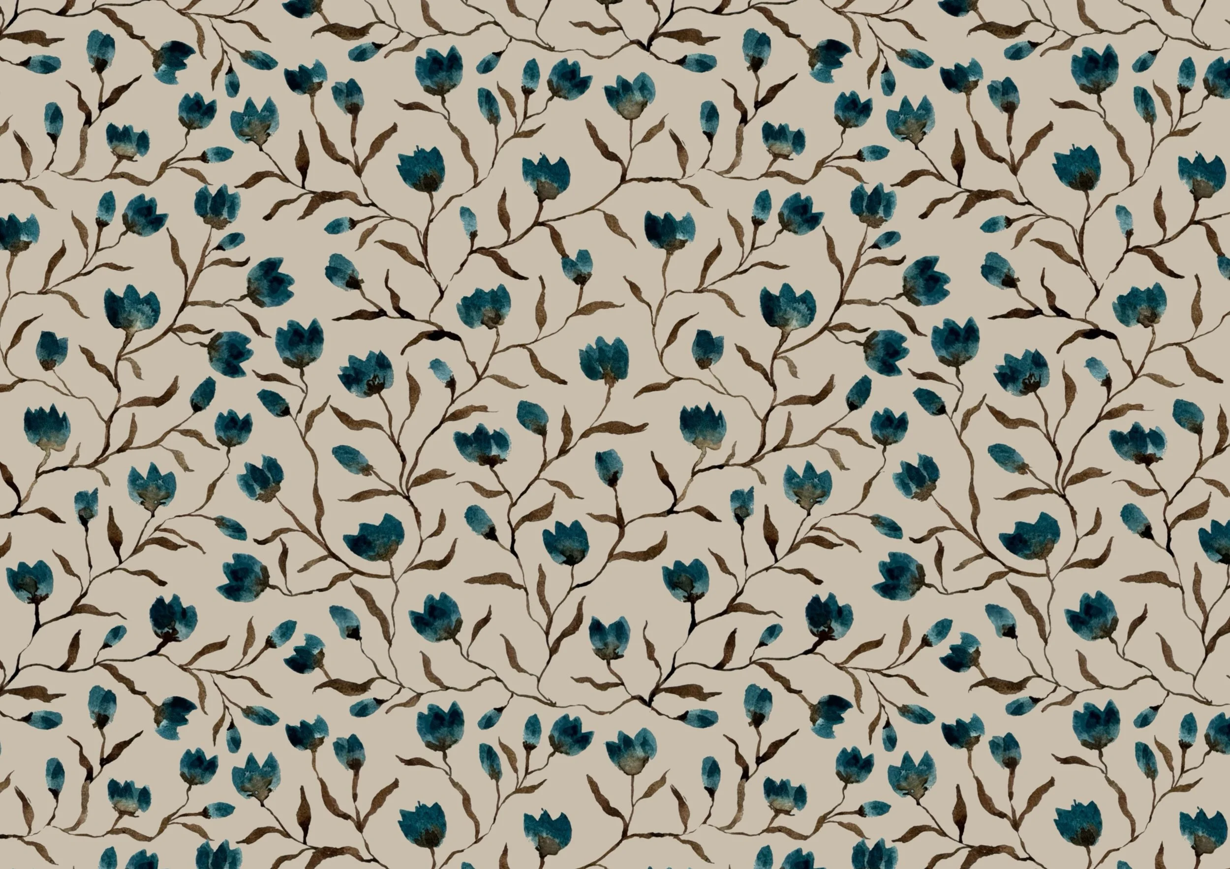 A repeating pattern of blue flowers and brown branches on a beige background, created in a watercolor style.
