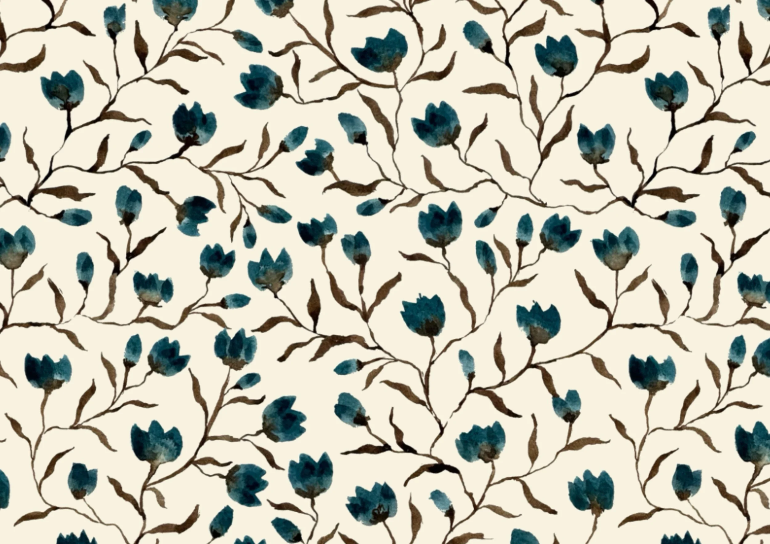 A repeating pattern of watercolor-style blue flowers with brown stems and leaves on a light background.