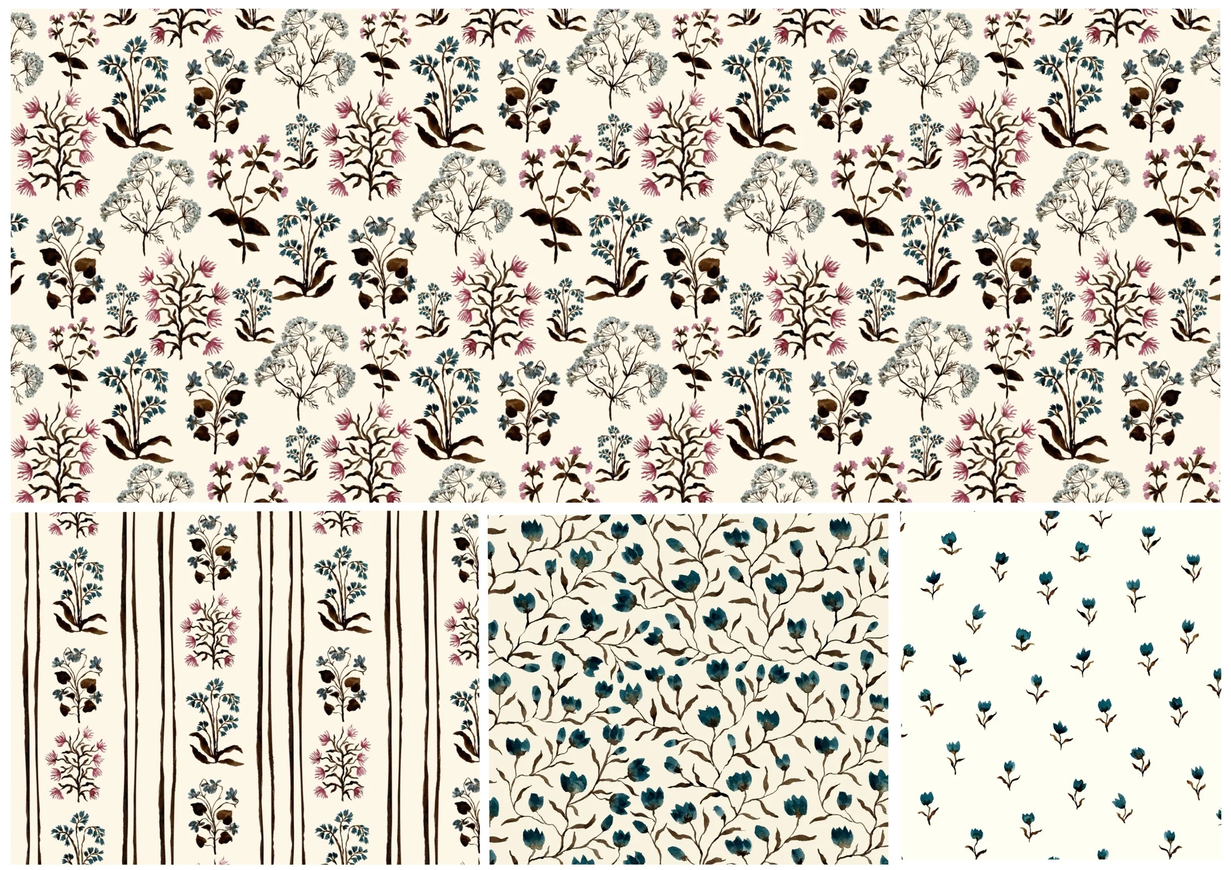 A collection of floral patterned wallpaper designs in various colors and styles, including pink, blue, grey, and black flowers with different arrangements and backgrounds.