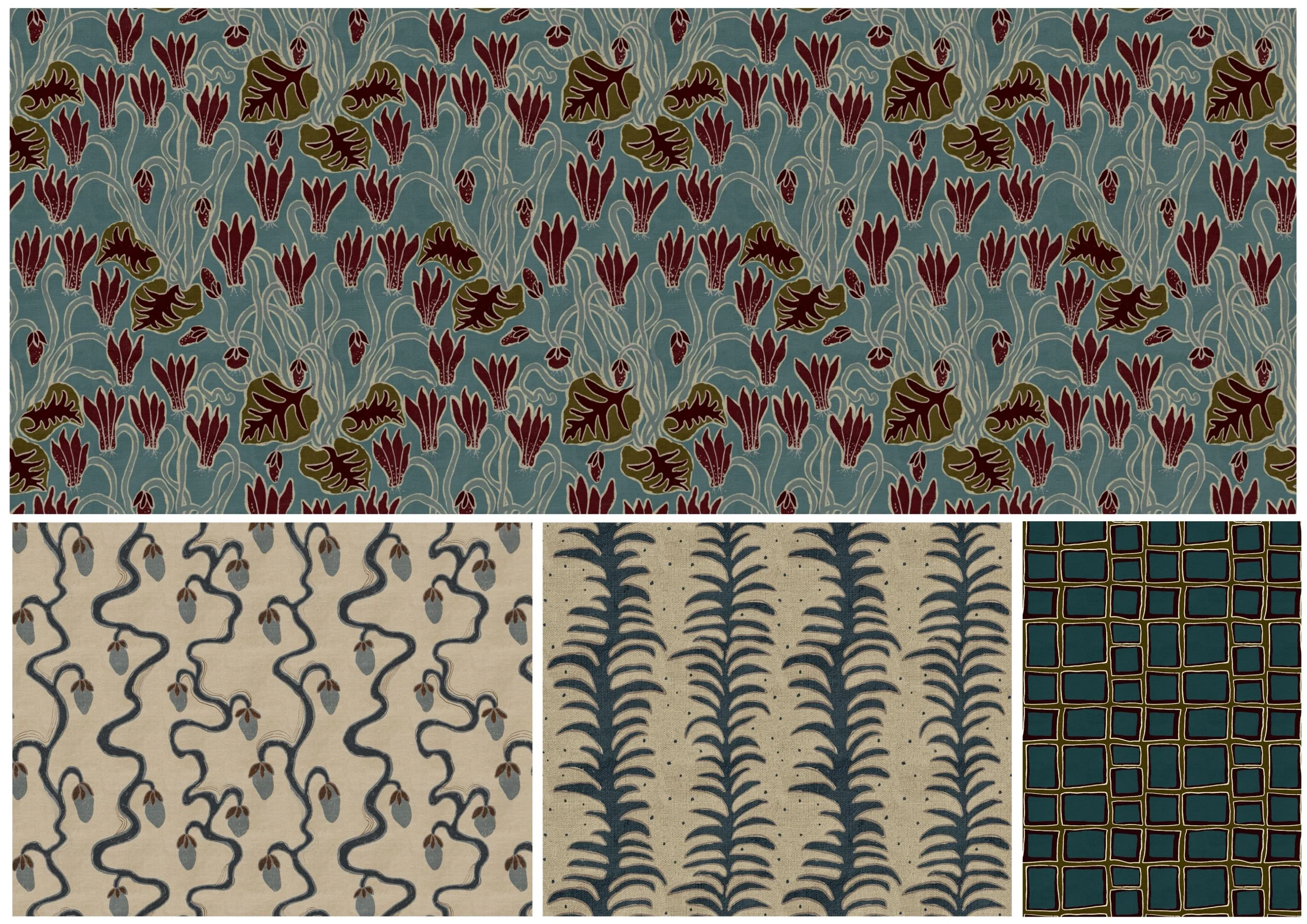 A collage of traditional patterned fabrics featuring floral, wave, and geometric designs in muted colors.
