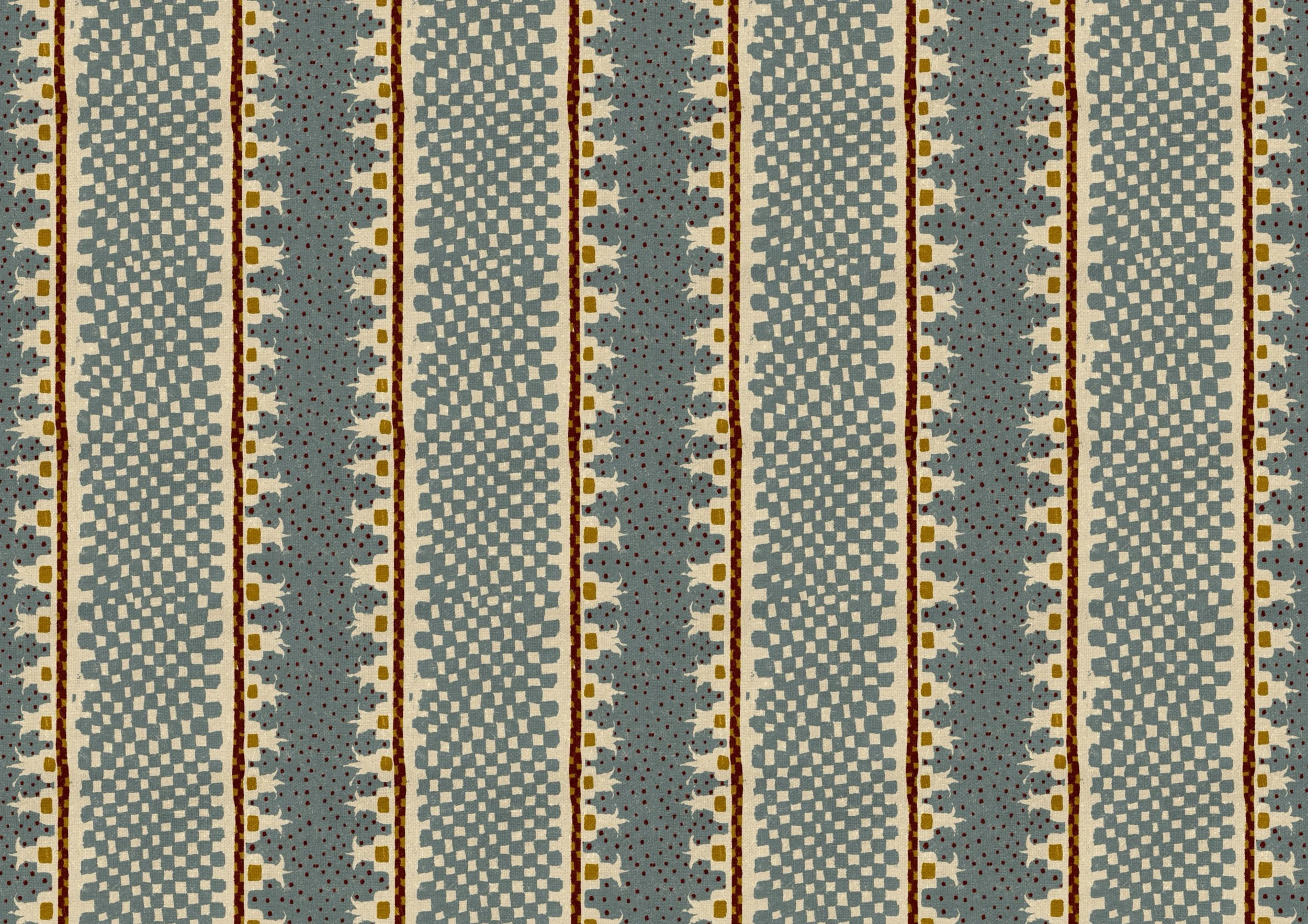Hand-drawn geometric stripe pattern in dark brown, muted blue and cream, inspired by antique woven textiles and carpet borders, by Ieva Rudzite, Nordic Duck, for wallpaper, upholstery, fabric and interiors.