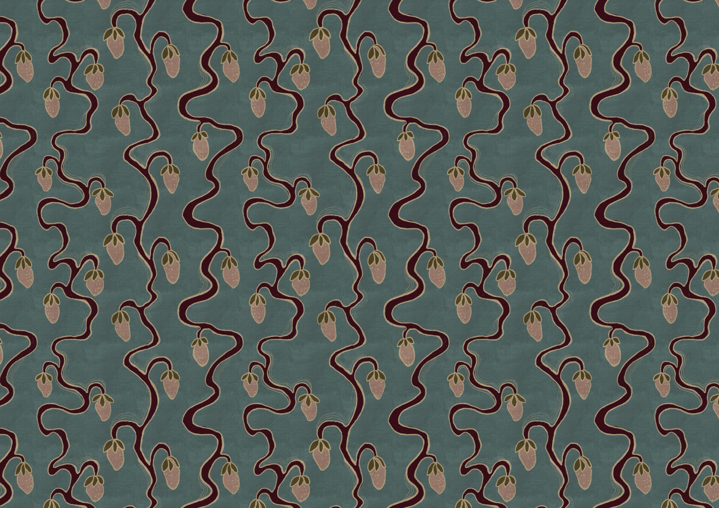 A repeating pattern featuring stylized brown vines with green and pink seed pods on a muted blue background.