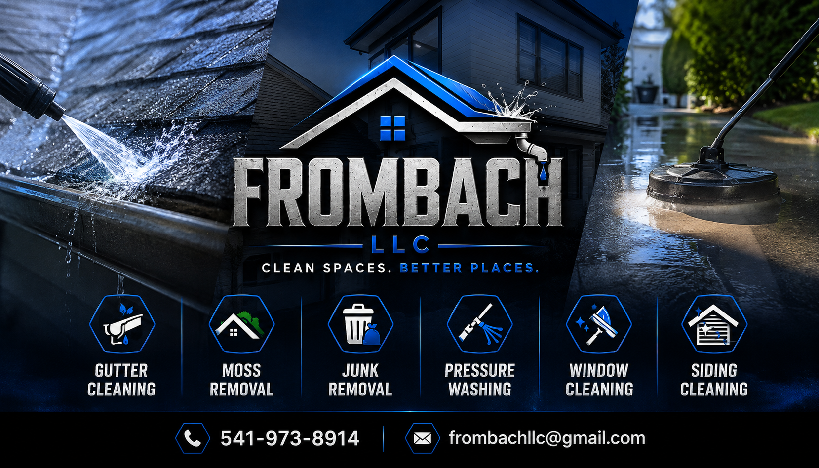 Advertisement for Frombach LLC, a cleaning service. Features images of gutter cleaning, moss removal, junk removal, pressure washing, window cleaning, and siding cleaning. Contact information includes phone number 541-973-8914 and email frombachllc@gmail.com.