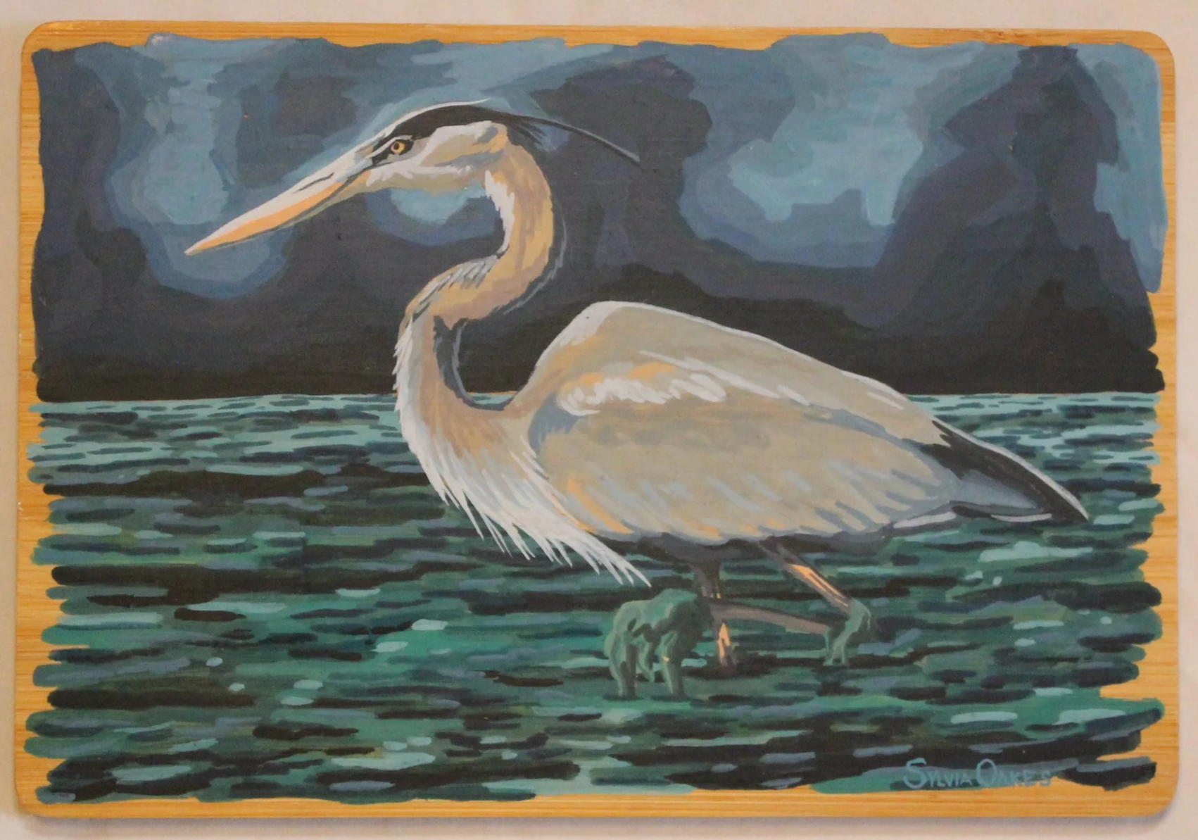 Blue Heron Stepping Through
5 7/8 x 8 1/8 in.
Wax Sealed Gouache on Wood