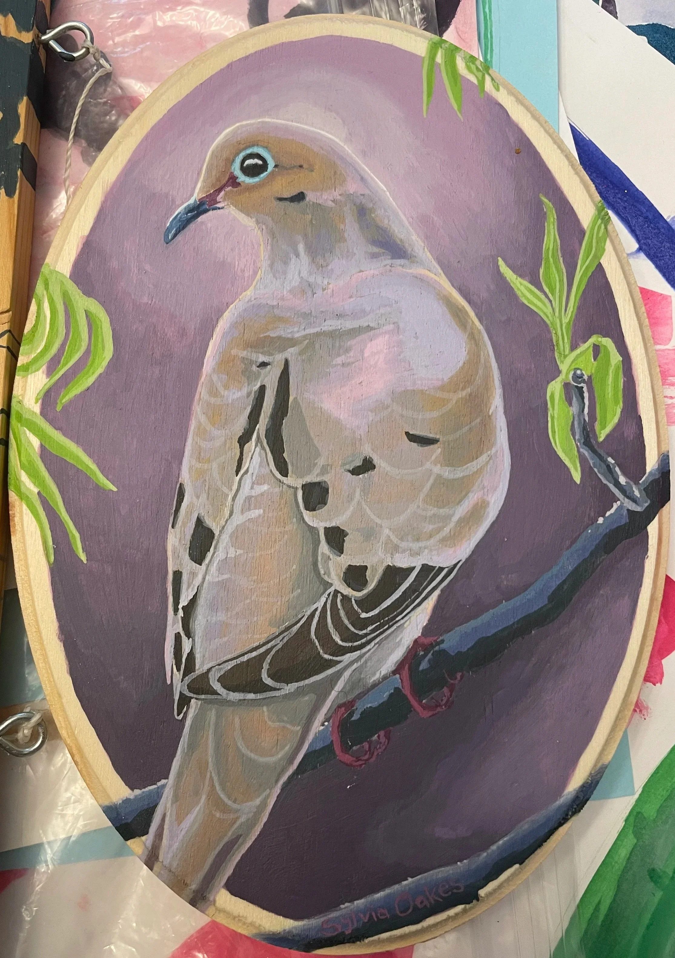 Morning Dove in Warm Purple
7 1/4 x 5 in. 
Wax Sealed Gouache on Wood