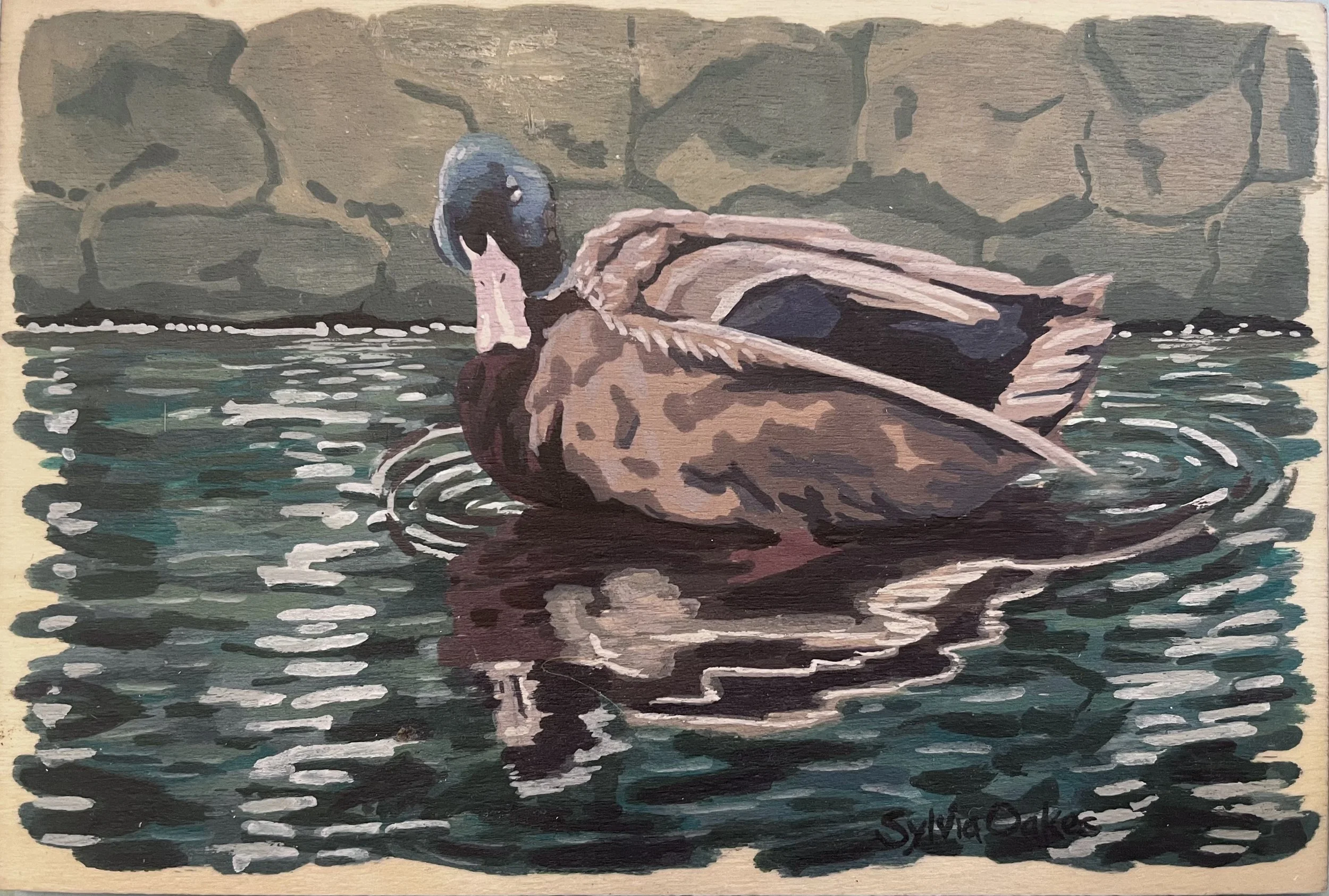 Mallard Reflection
3 3/4 x 4 1/2 in.
Wax Sealed Gouache on Wood 