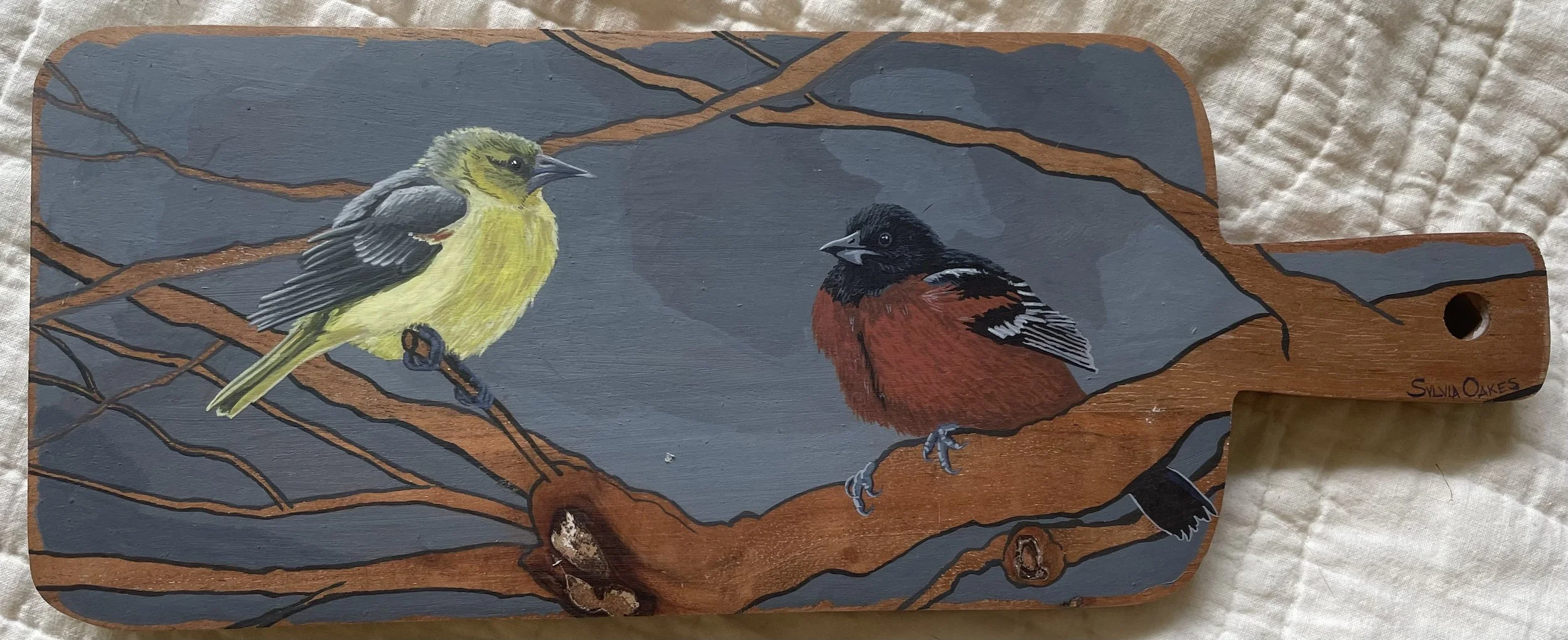 Male and Female Orioles
5 x 13 in.
Wax Sealed Gouache on Wood