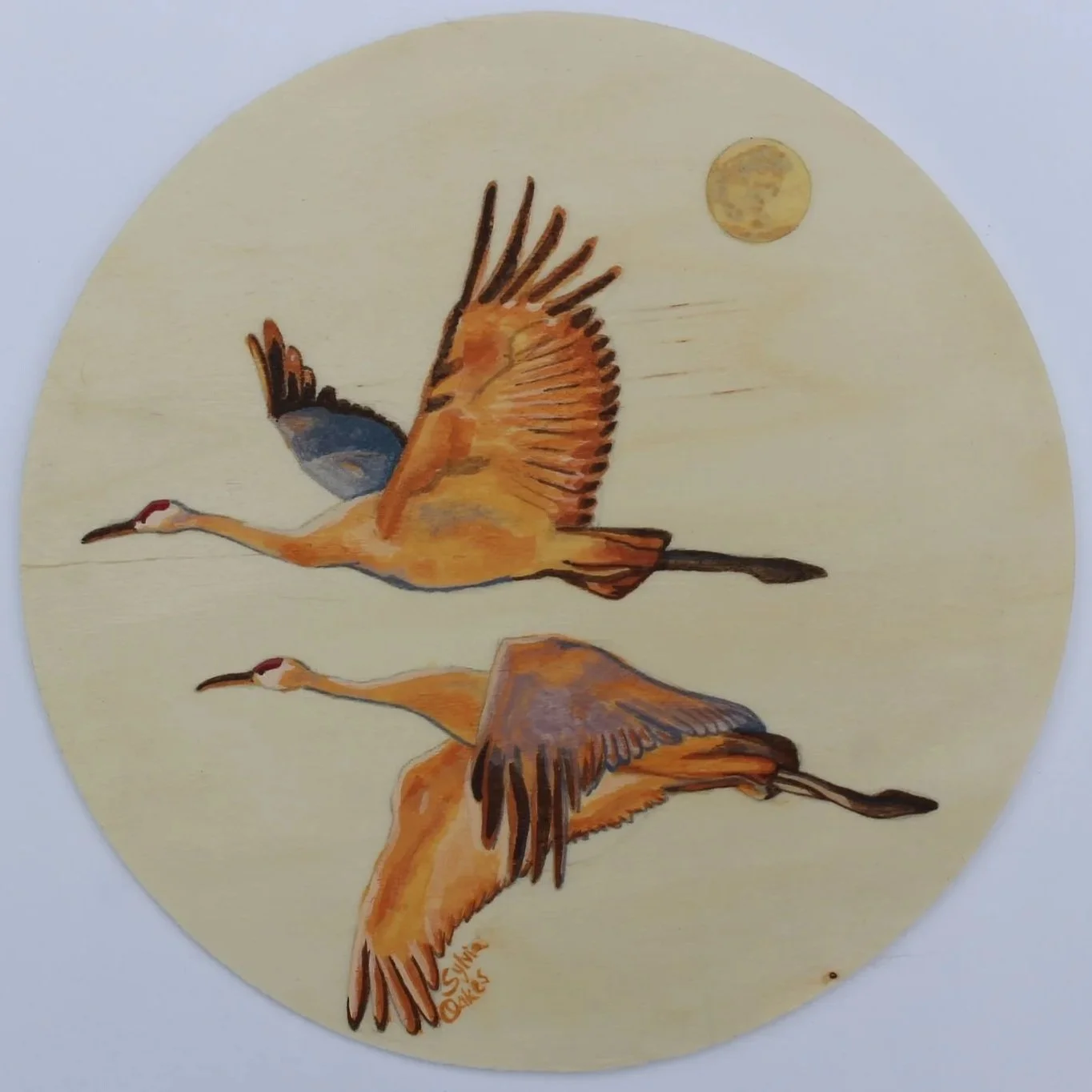 Sandhill Cranes at Sunset
6 x 6 in. 
Wax Sealed Gouache on Wood