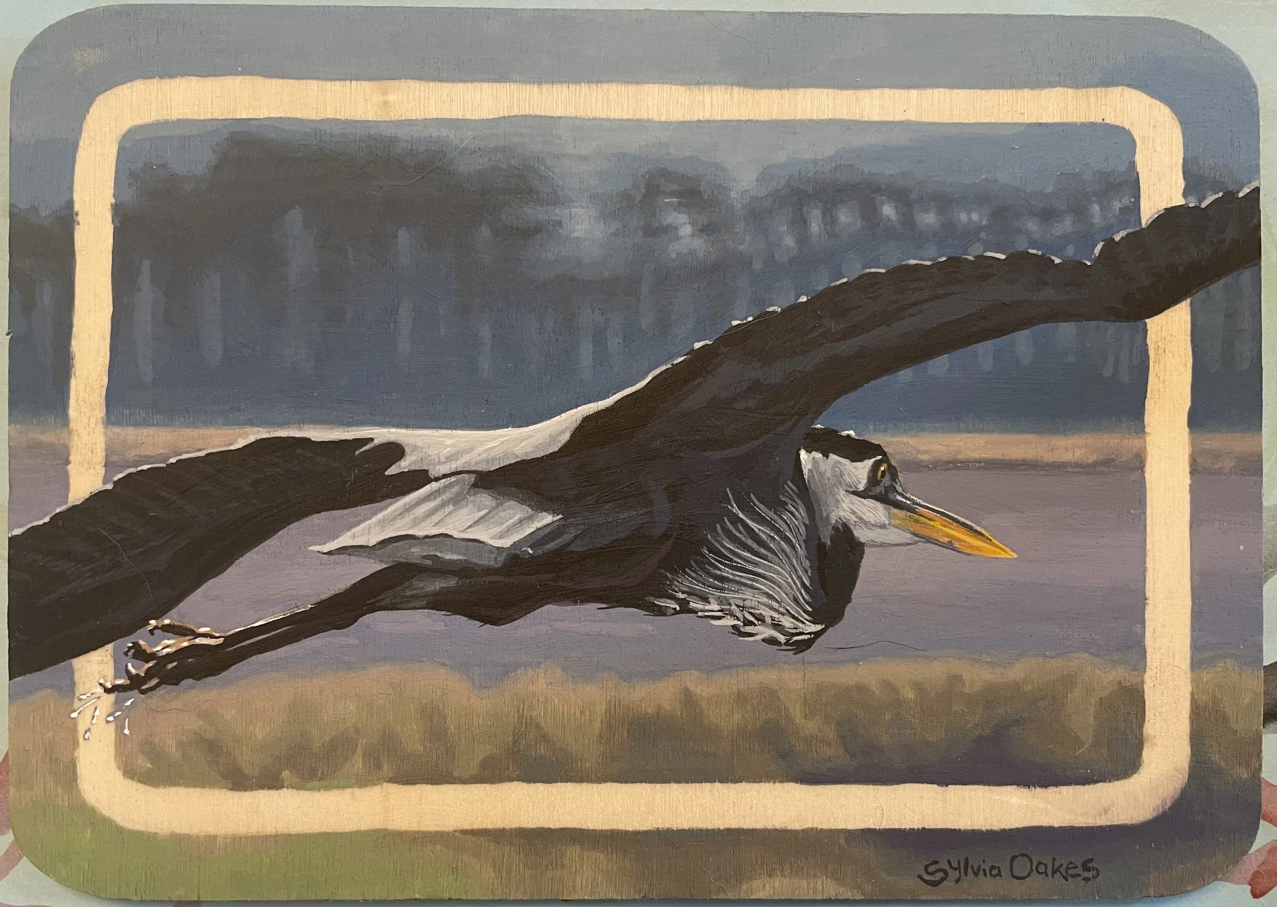 Blue Heron Over River
4 3/4 x 6 3/4 in.
Wax Sealed Gouache on Wood