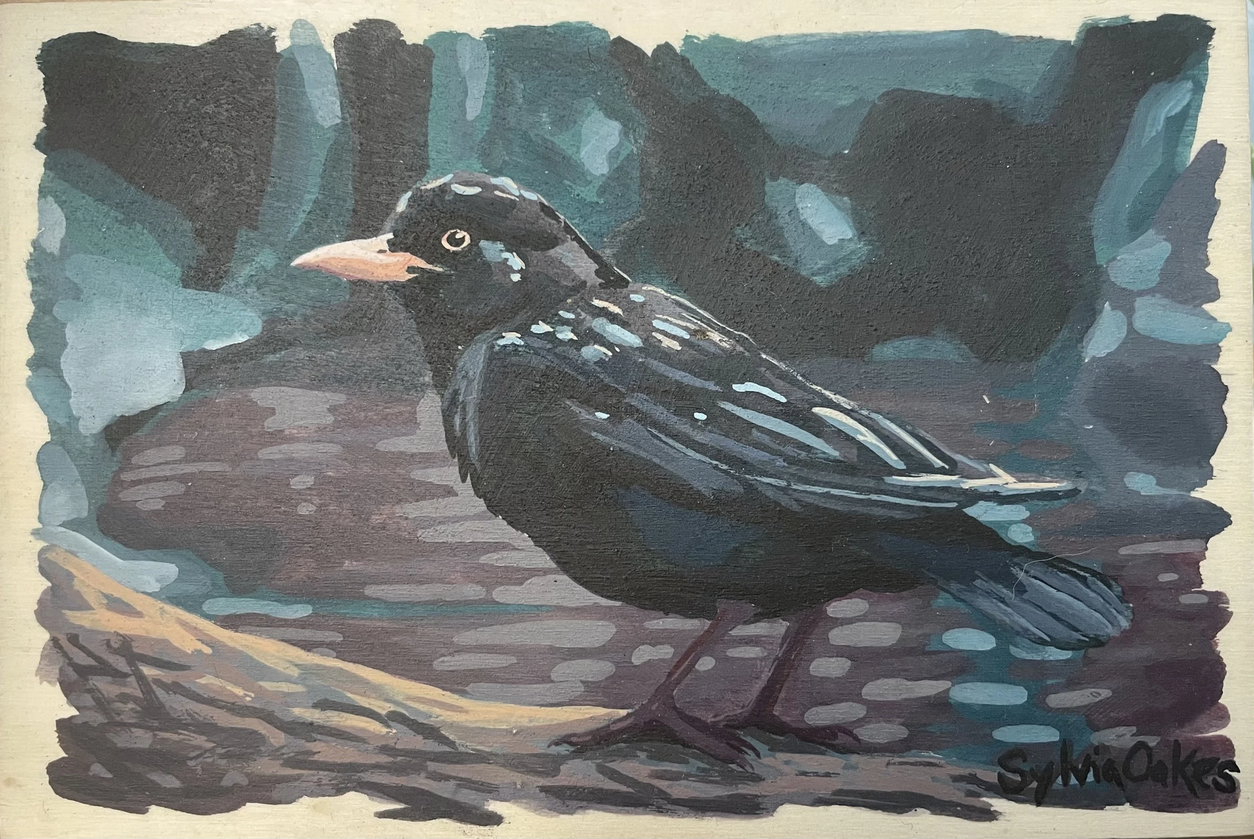 Starling Dark
3 3/4 x 4 1/2 in.
Wax Sealed Gouache on Wood