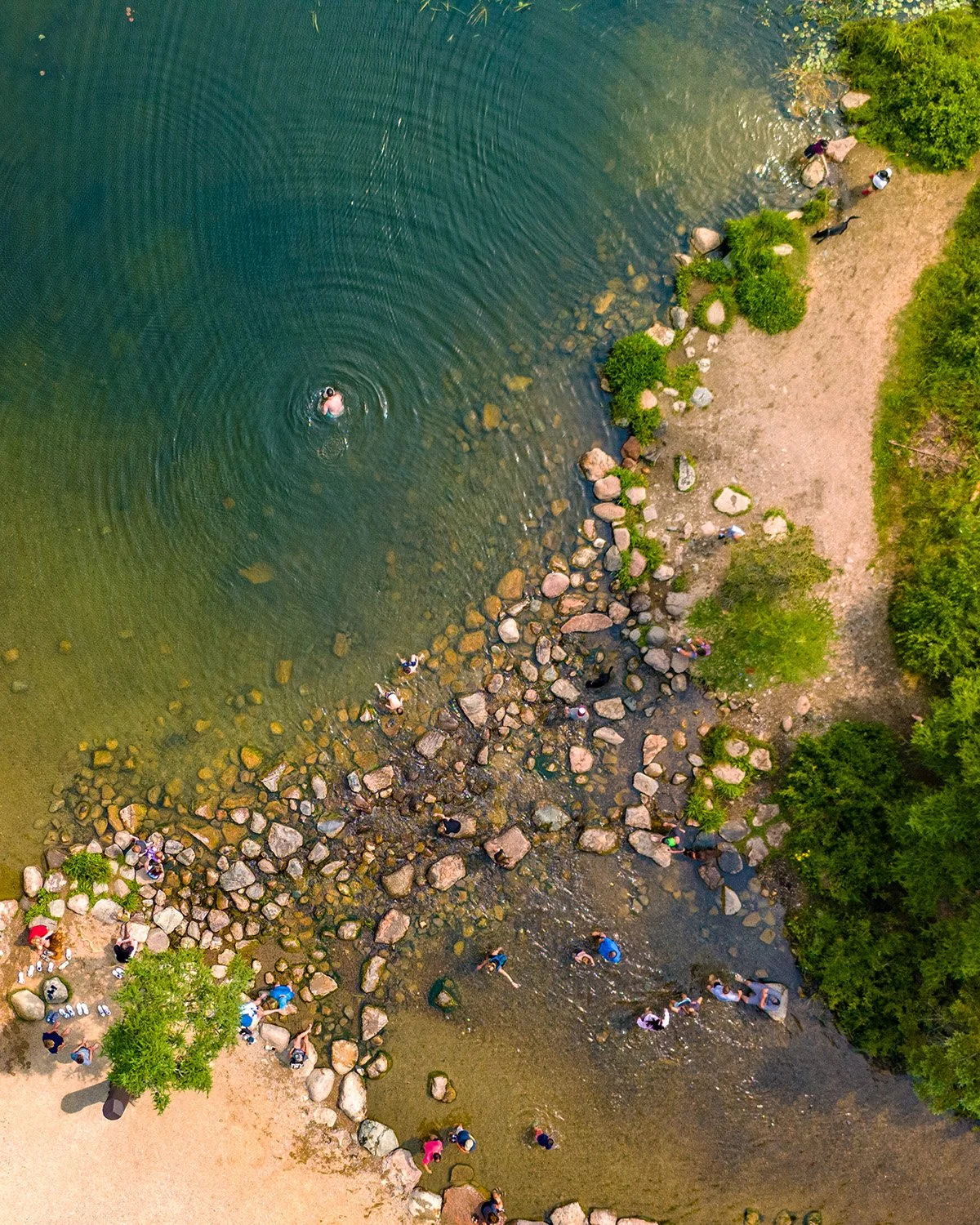 An aerial view of a river with a person swimming, rocks along the shore, and groups of people walking and gathering near the water surrounded by green trees.