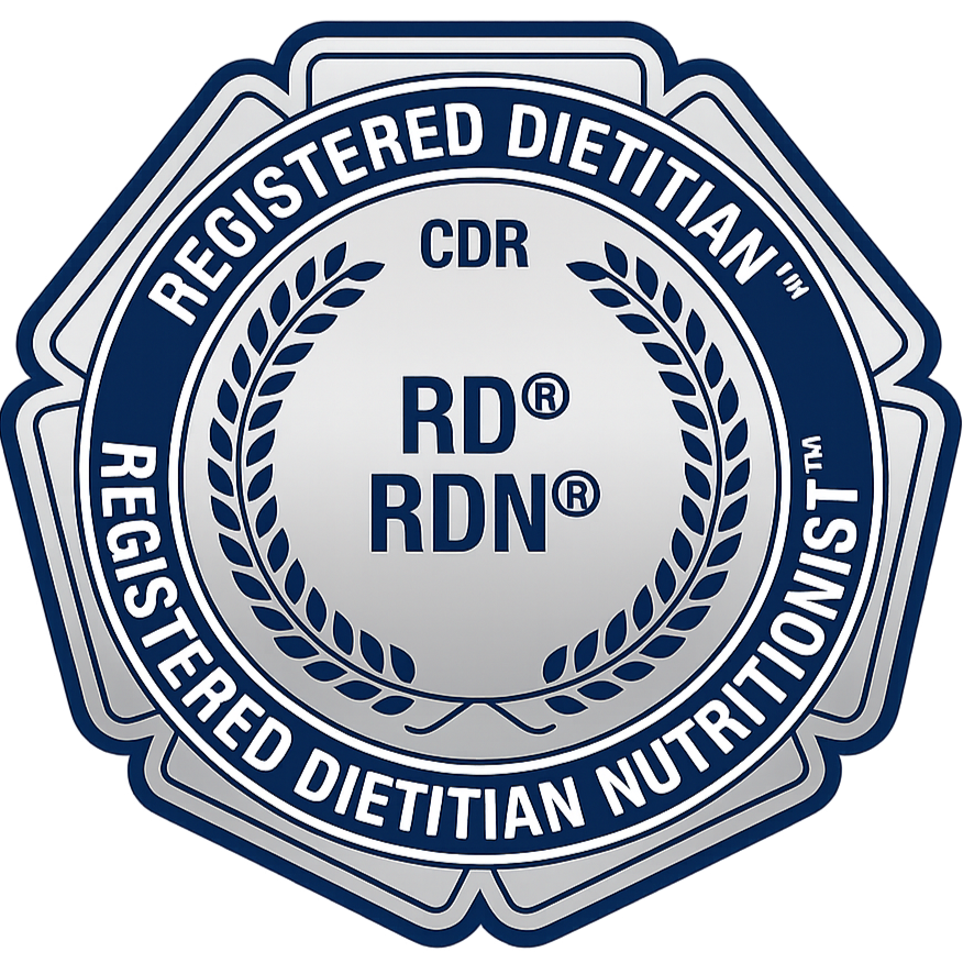Certification badge for registered dietitian nutritionist (RDN) with a circular design, laurel wreath, and text indicating registration and credentials.