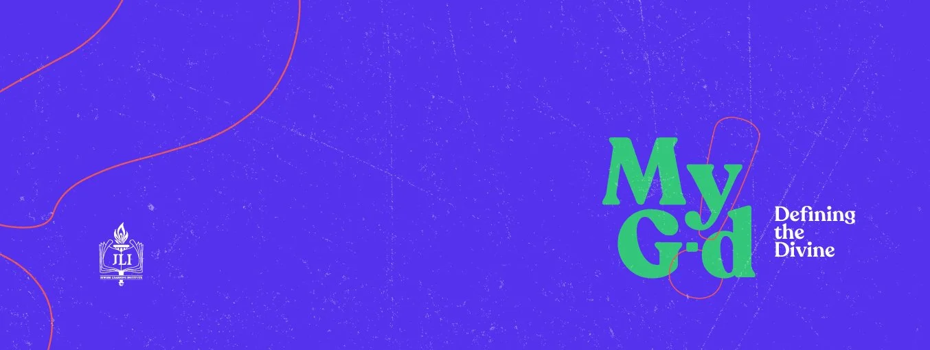 Purple background with abstract orange lines, white logo in the lower left corner, large green and purple text that says 'My Gd', and smaller white text that reads 'Defining the Divine'.