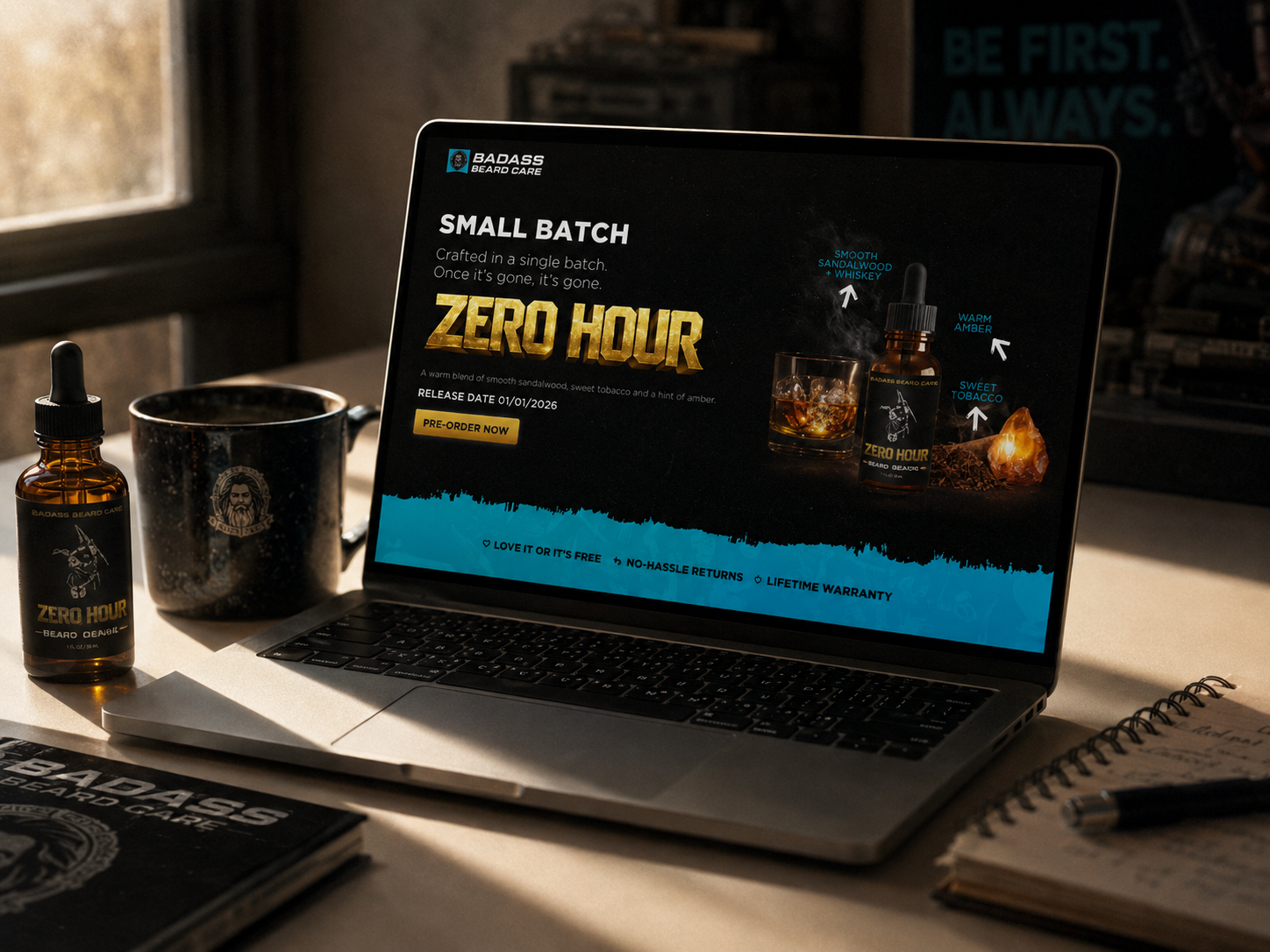Laptop on desk displaying product advertisement for Zero Hour beard care serum, with a bottle, mug, and notebook nearby, and a window in the background.
