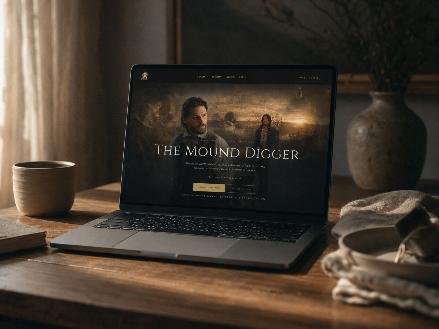Laptop on a wooden table displaying a documentary titled "The Mound Digger" about Civil War era black miners, with a cup, a plate with utensils, and a cloth on the table, and a large vase with dried branches in the background.