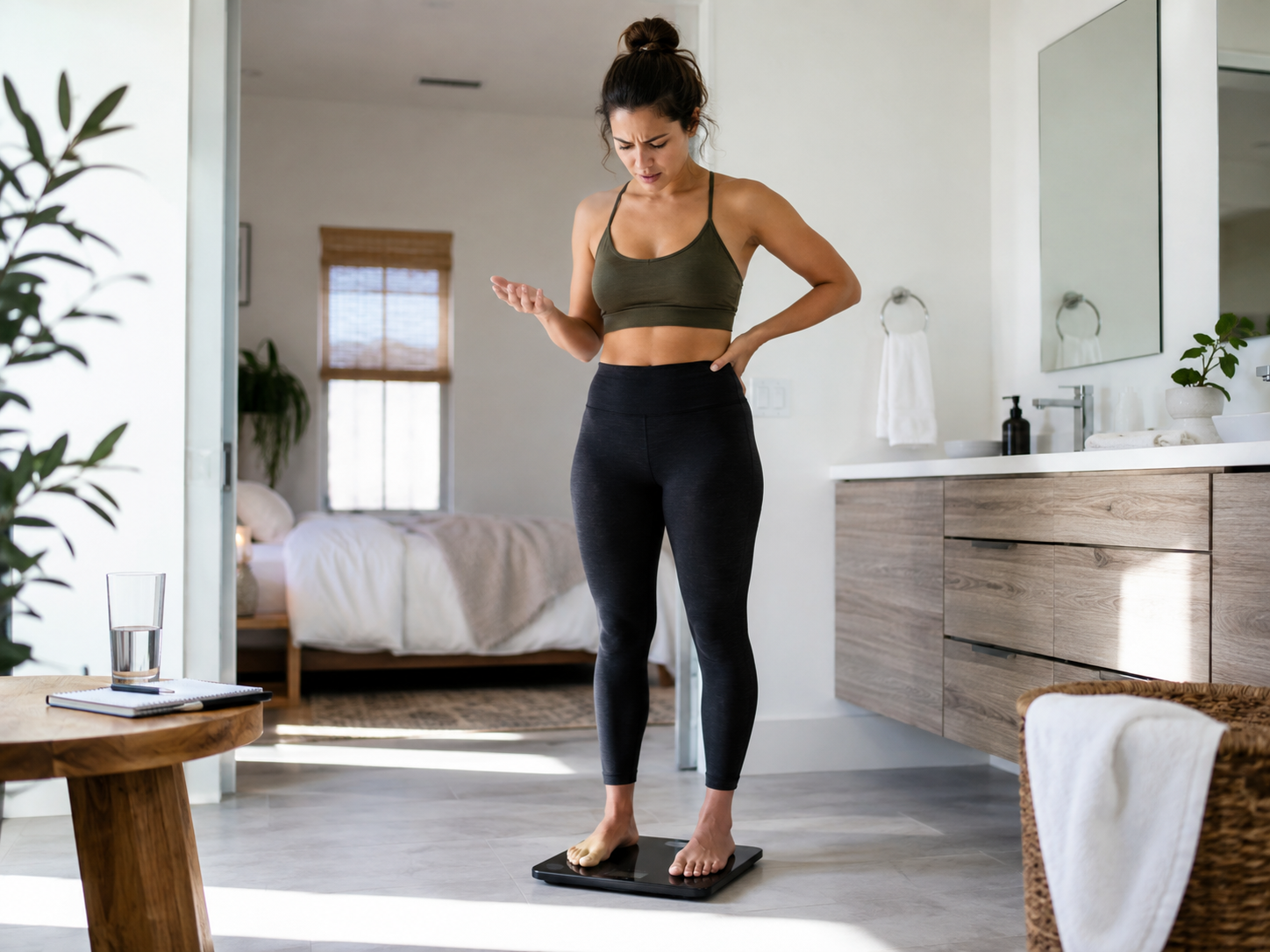 Woman standing on a digital scale and reacting to an unexpected change in body weight
