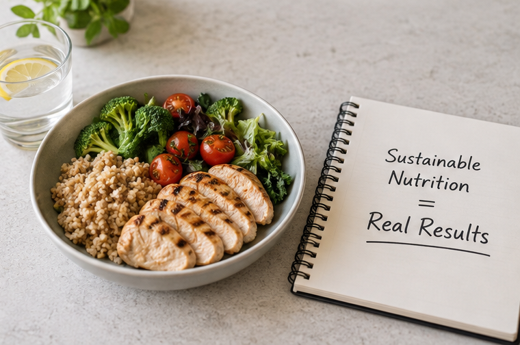 Balanced meal with lean protein, vegetables, and grains representing a sustainable approach to weight loss.