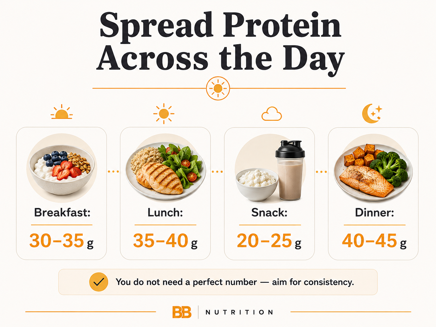 Infographic showing protein distributed across breakfast, lunch, snack, and dinner throughout the day