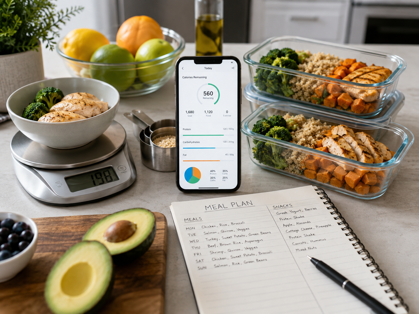 Meal prep containers, food scale and nutrition tracking setup for monitoring calorie intake
