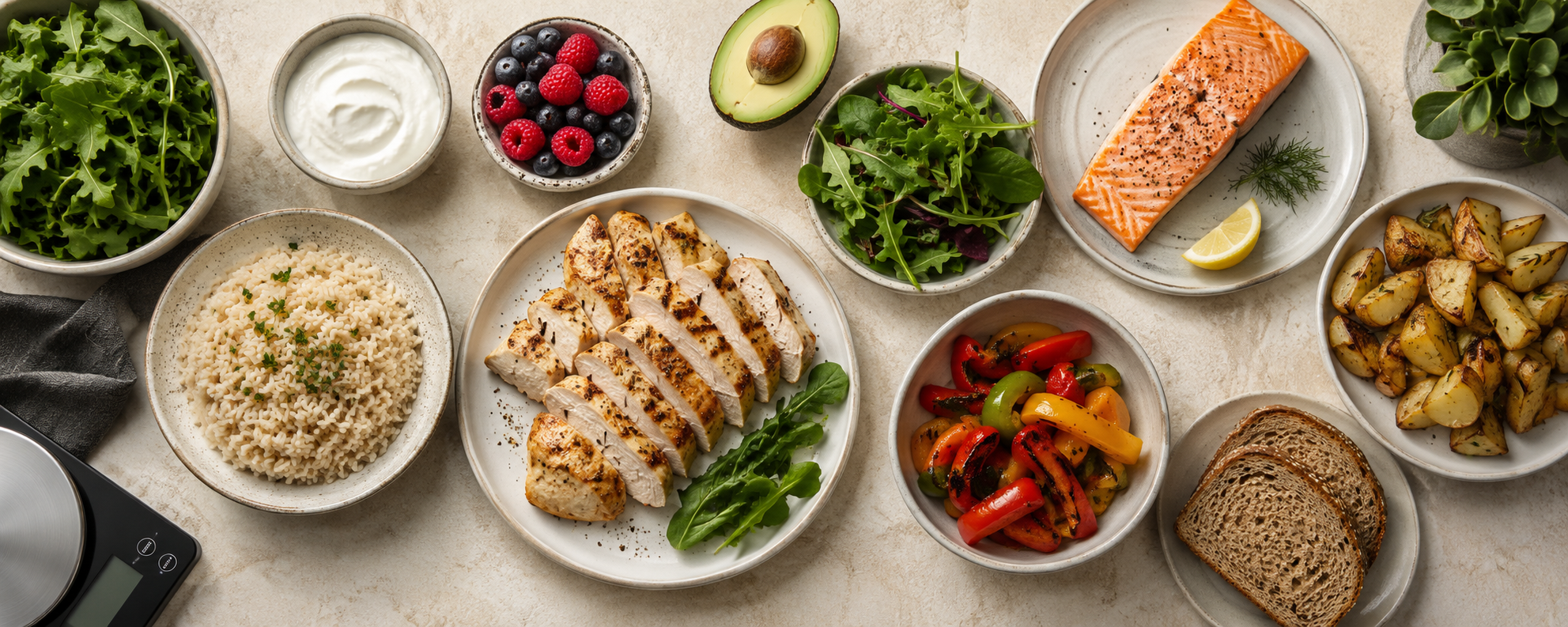Balanced foods including chicken, salmon, rice, potatoes, vegetables, fruit, yogurt, avocado and whole-grain bread.