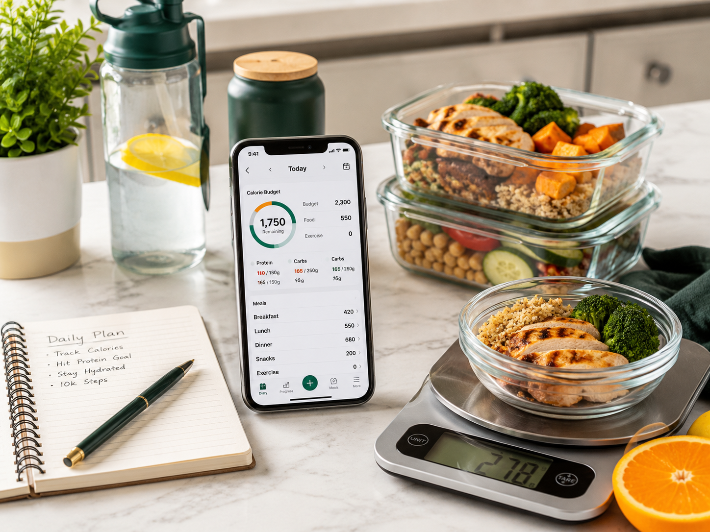 Food tracking setup with a nutrition app, meal prep containers, and a food scale for monitoring calorie intake.