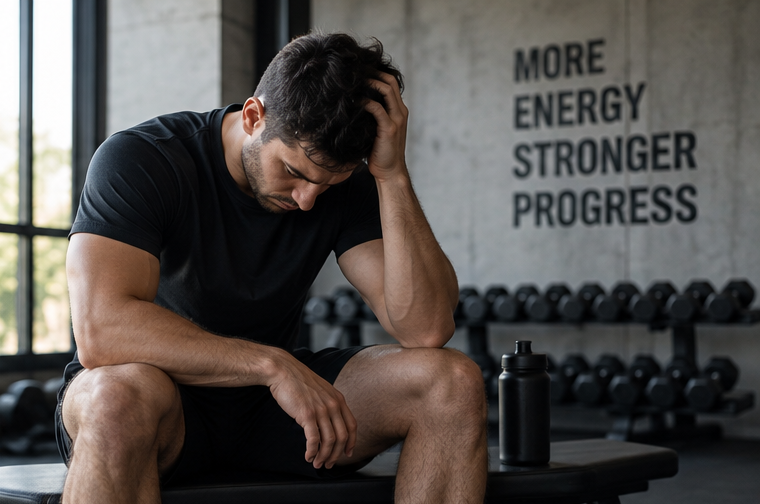 Tired man sitting in a gym after a low-energy workout during a calorie-restricted diet.