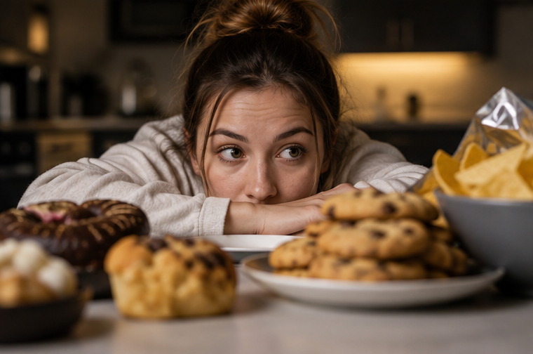Woman feeling hungry and craving higher-calorie foods while following a very restrictive diet.