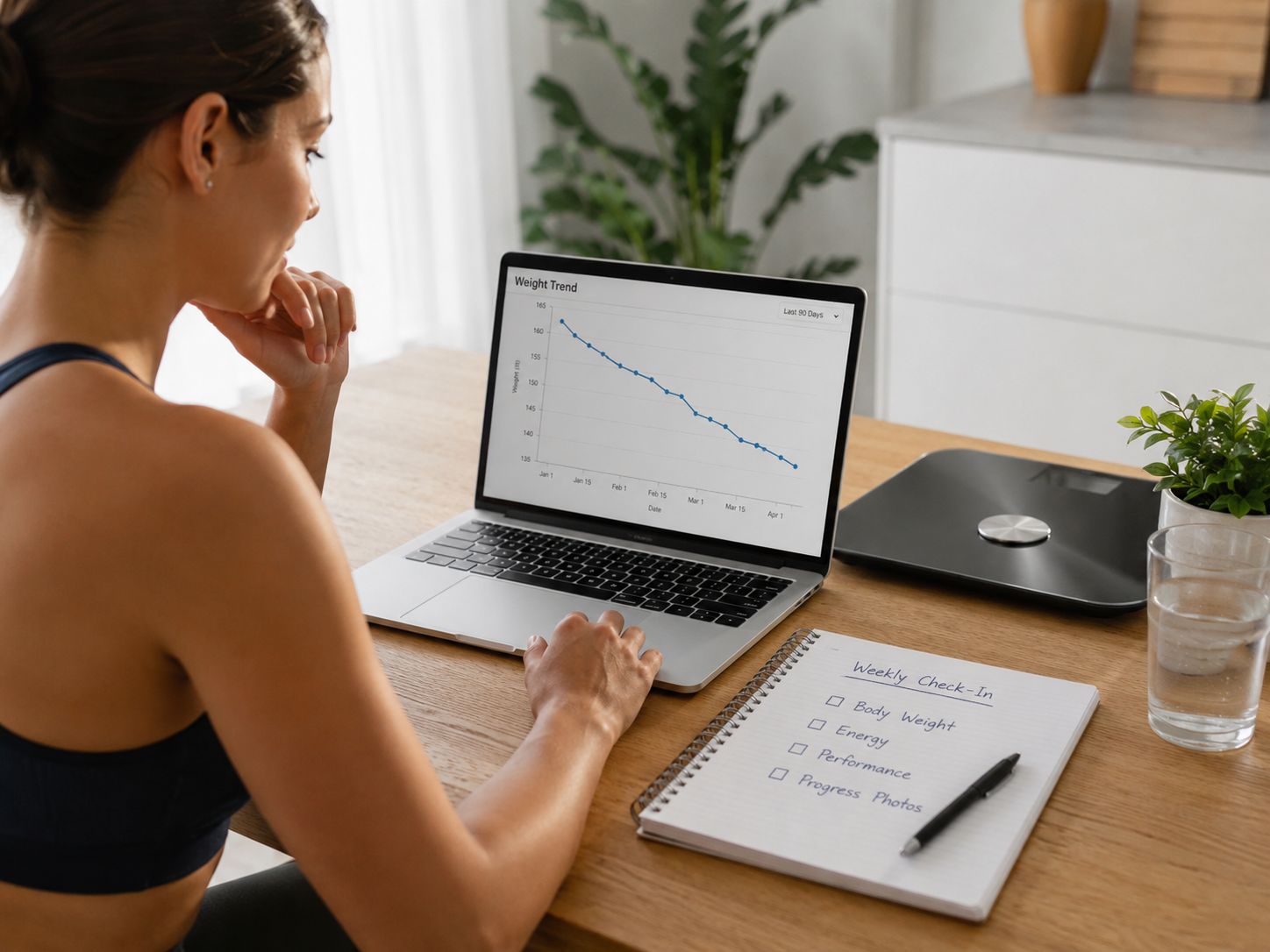 Woman reviewing a weight trend chart and weekly check-in notes to monitor progress over time