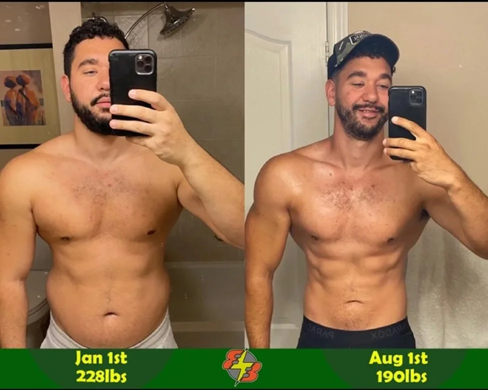 Side-by-side comparison of a shirtless man before and after weight loss. In the 'before' photo, taken on January 1st, he weighs 228 pounds; in the 'after' photo, taken on August 1st, he weighs 190 pounds. The man has a beard, short dark hair, and is taking a selfie in a bathroom mirror in both photos.