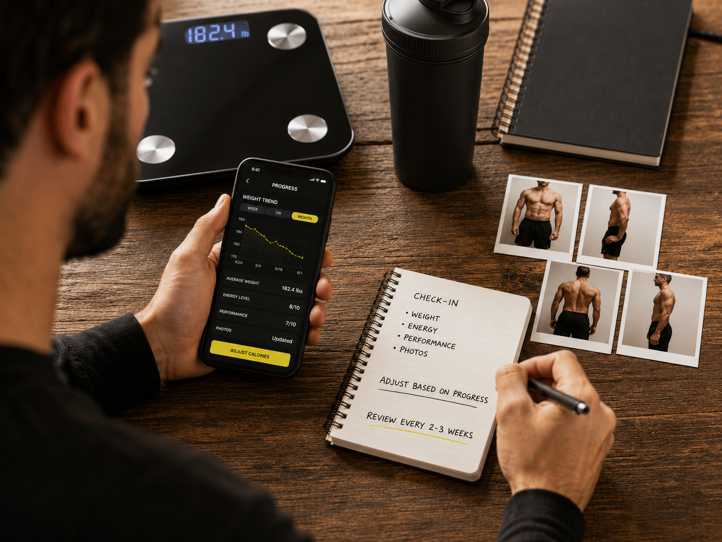 Man reviewing weight trend, energy, performance, and progress photos to adjust calorie intake over time