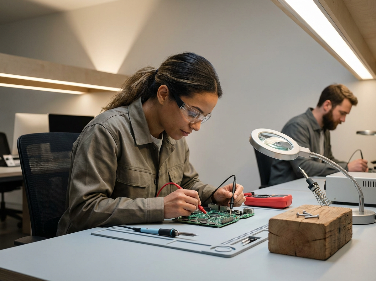 A woman working on an electronic circuit board with tools, in an electronics lab, with a man working in the background.