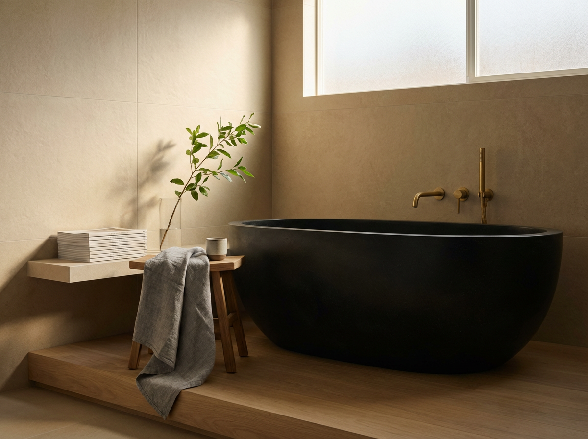 Modern bathroom with a black freestanding bathtub, a beige wall, a small wooden table with a towel, a cup, and a branch with leaves, and a window letting in natural light.