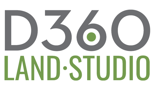 The logo for D360 Land Studio featuring text in gray and green with a circular design element.