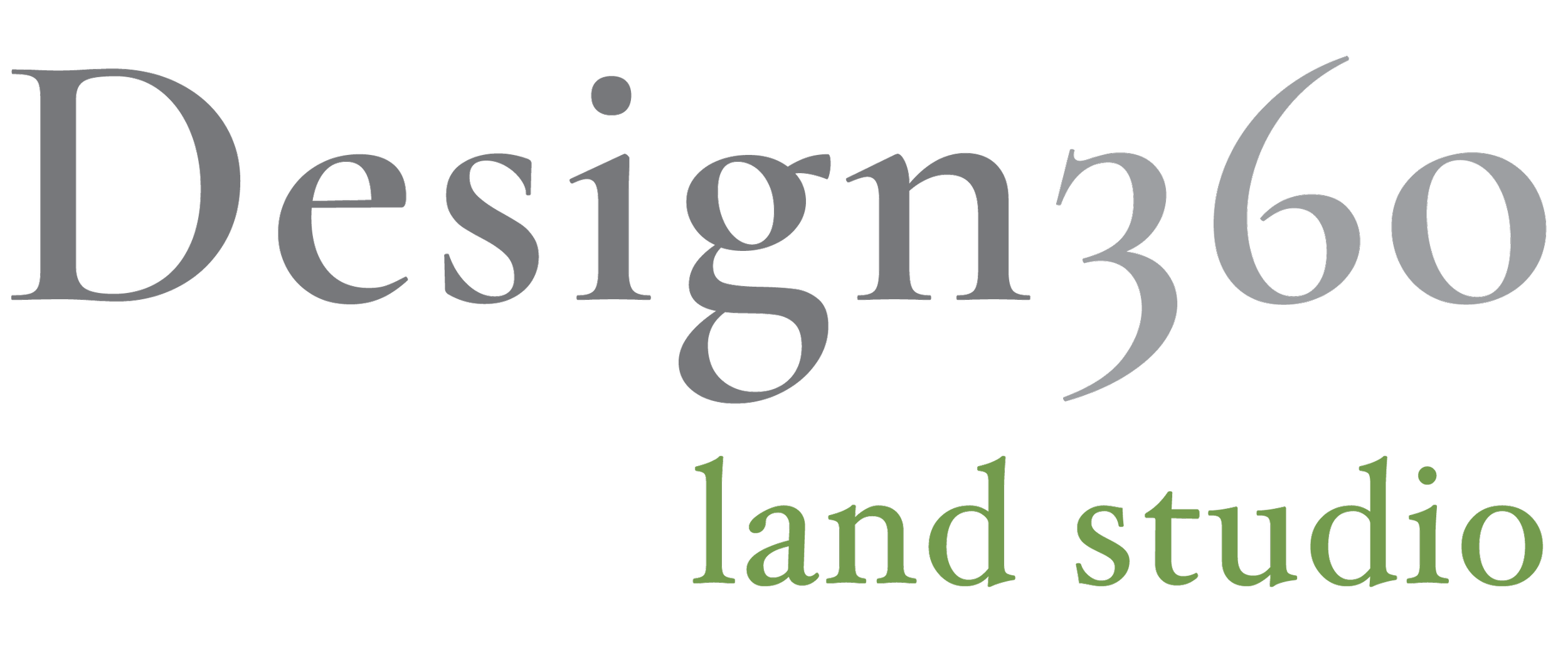 Logo for Design360 Land Studio with stylized text in gray and green colors.