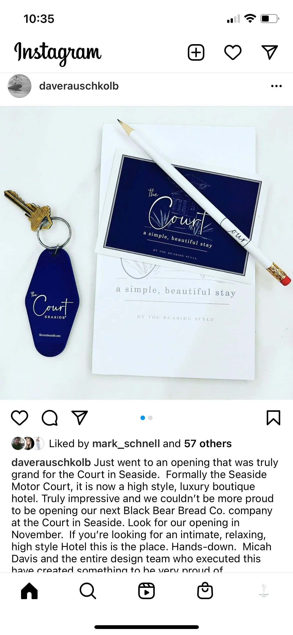 Instagram post showing a key with a blue keychain, a white and gold pen, and printed materials for The Court in Seaside, including a booklet and cards on a white surface.