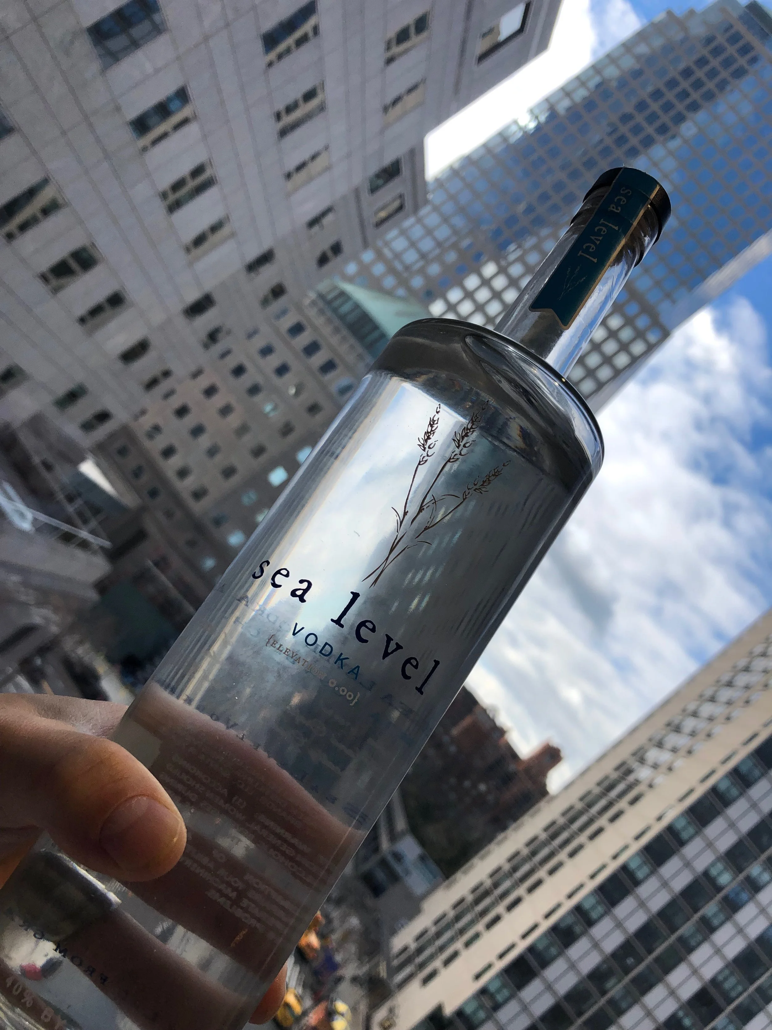 A hand holding a vodka bottle labeled 'sea level' with an urban cityscape and tall buildings in the background, under a partly cloudy sky.
