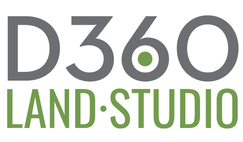 The logo for D360 Land Studio featuring text in gray and green with a circular design element.