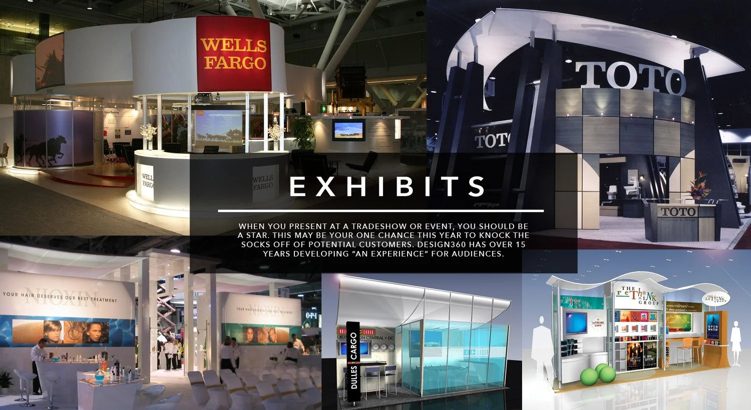 Collage of four exhibition booths at a trade show, including Wells Fargo, TOTO, a hair treatment booth, and a booth with glass walls, with a black overlay in the center containing white text about presenting at trade shows.