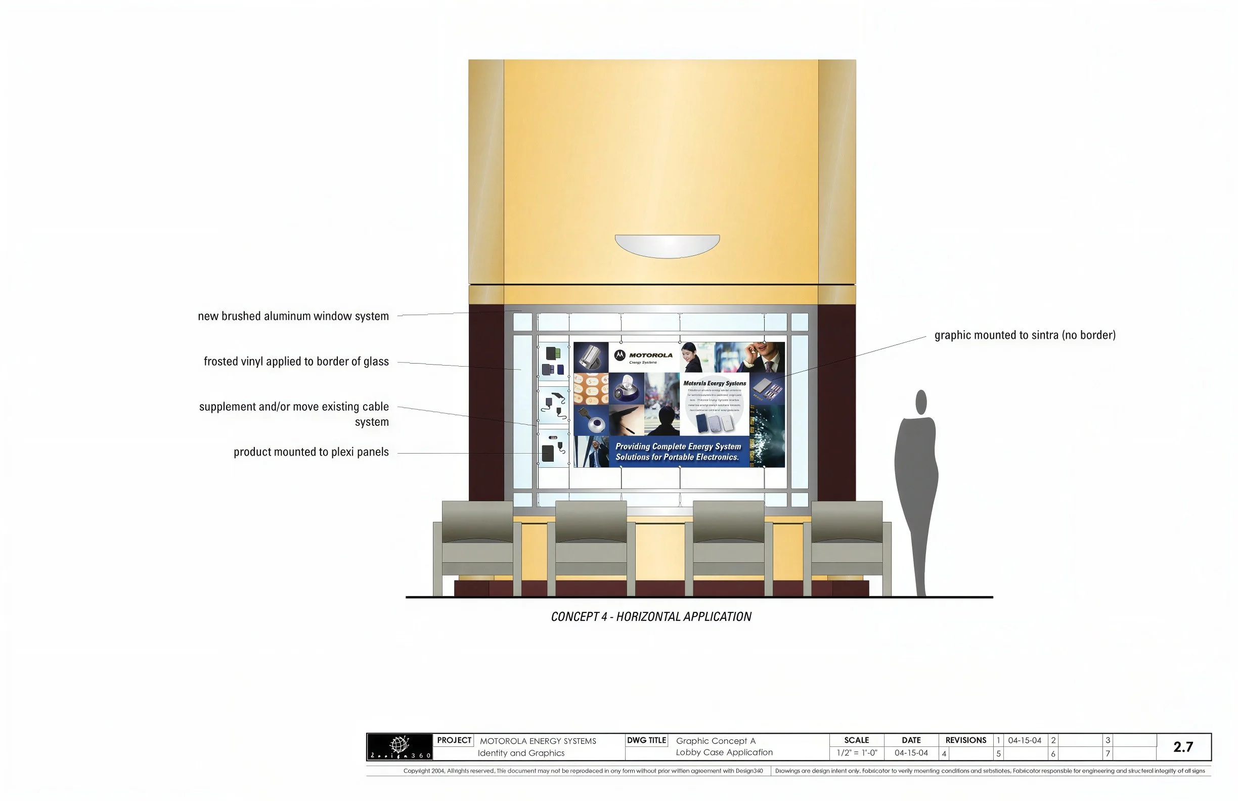 Motorola Energy Systems — lobby display graphics concept, April 2004. Design presentation; not an installed photograph.
