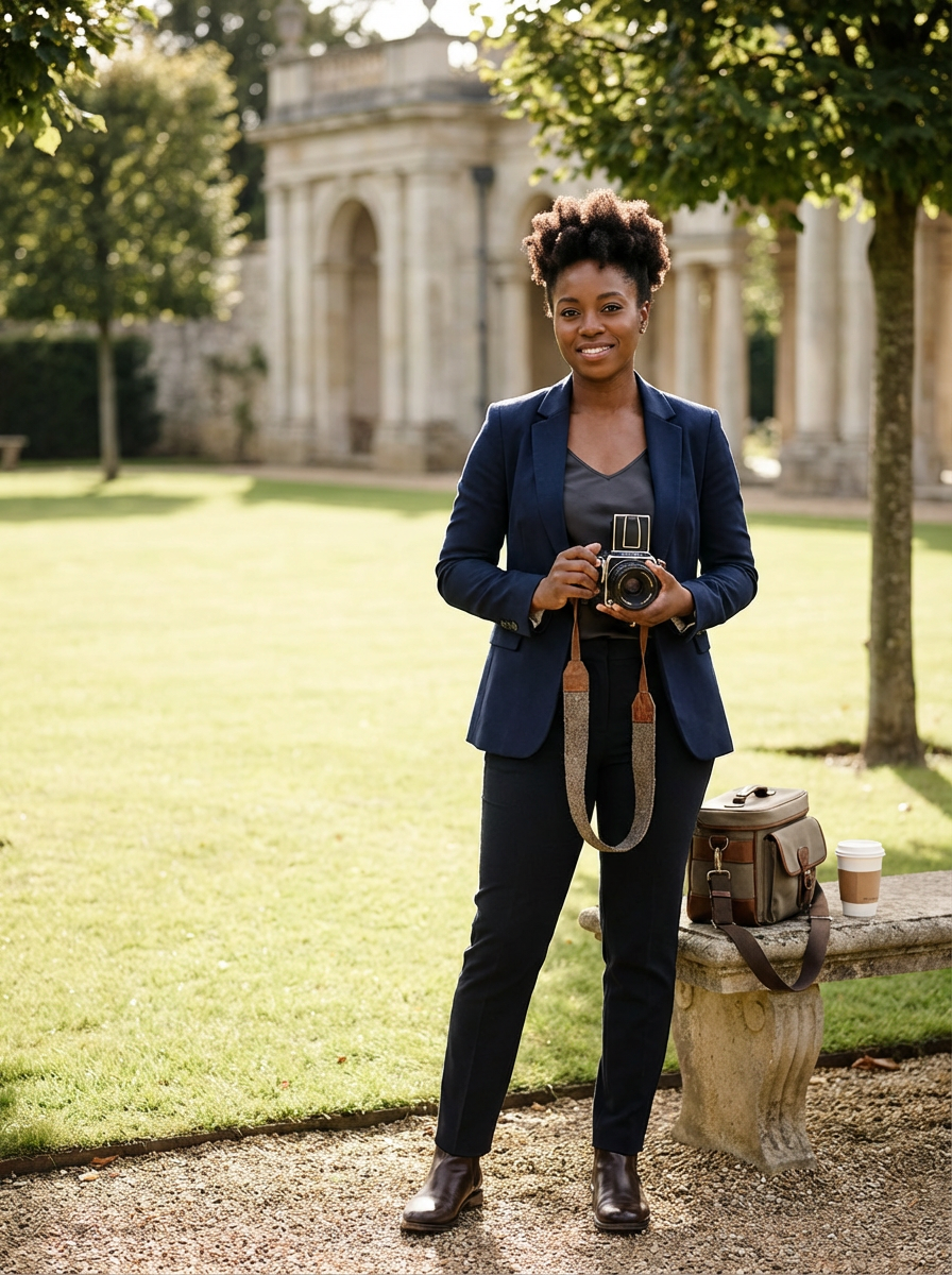 A woman with natural hair in a blue blazer and dark pants holding a camera, standing outdoors near a park bench with a coffee cup and camera bag, with historic building and trees in the background.