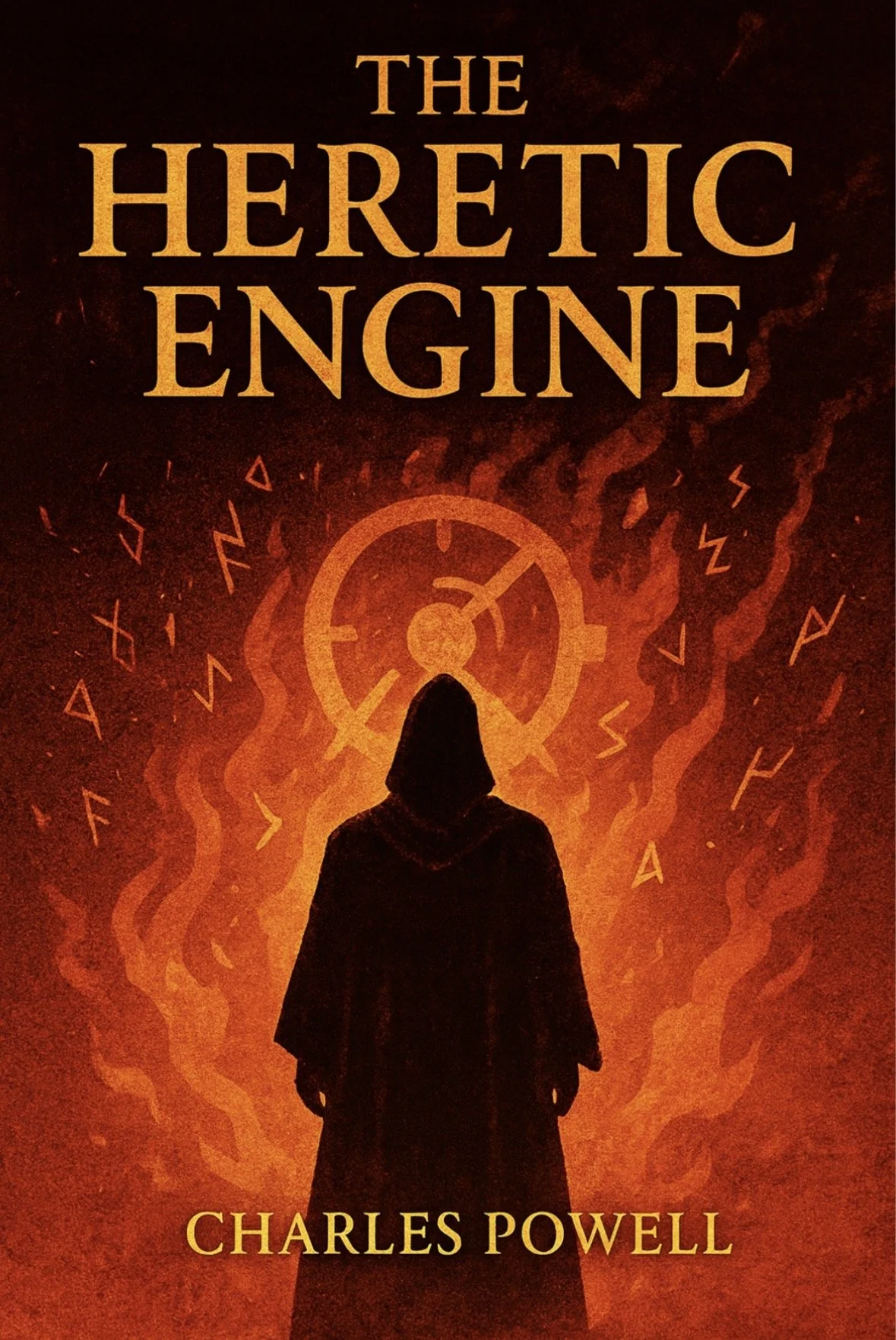 Book cover titled 'The Heretic Engine' by Charles Powell featuring a silhouette of a person in front of a glowing fiery background with a circle and symbols, evoking mystical or magical themes.