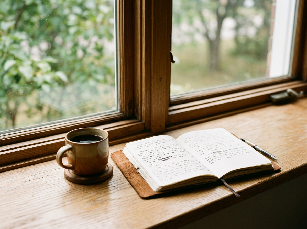 A wooden window sill with a cup of coffee, an open notebook, and a pen, overlooking greenery outside.