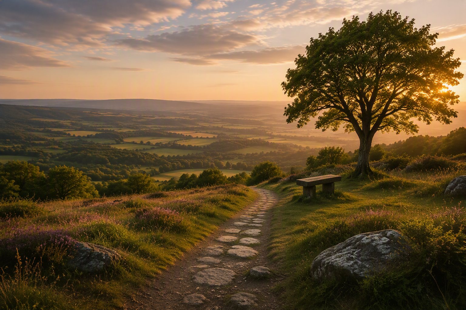 A scenic landscape of a dirt and stone path winding through grassy fields with purple wildflowers, leading towards a large tree and a sunset in the background over rolling hills.