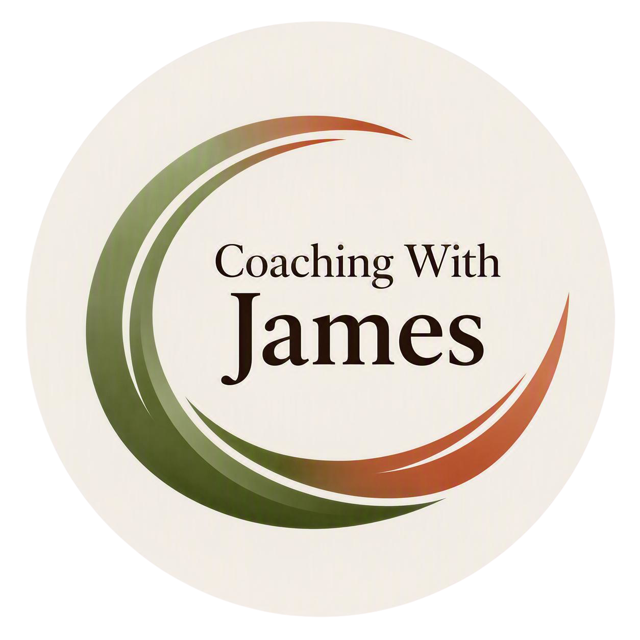 Logo for coaching service, featuring green and orange swooping lines around the text 'Coaching With James' in black font.