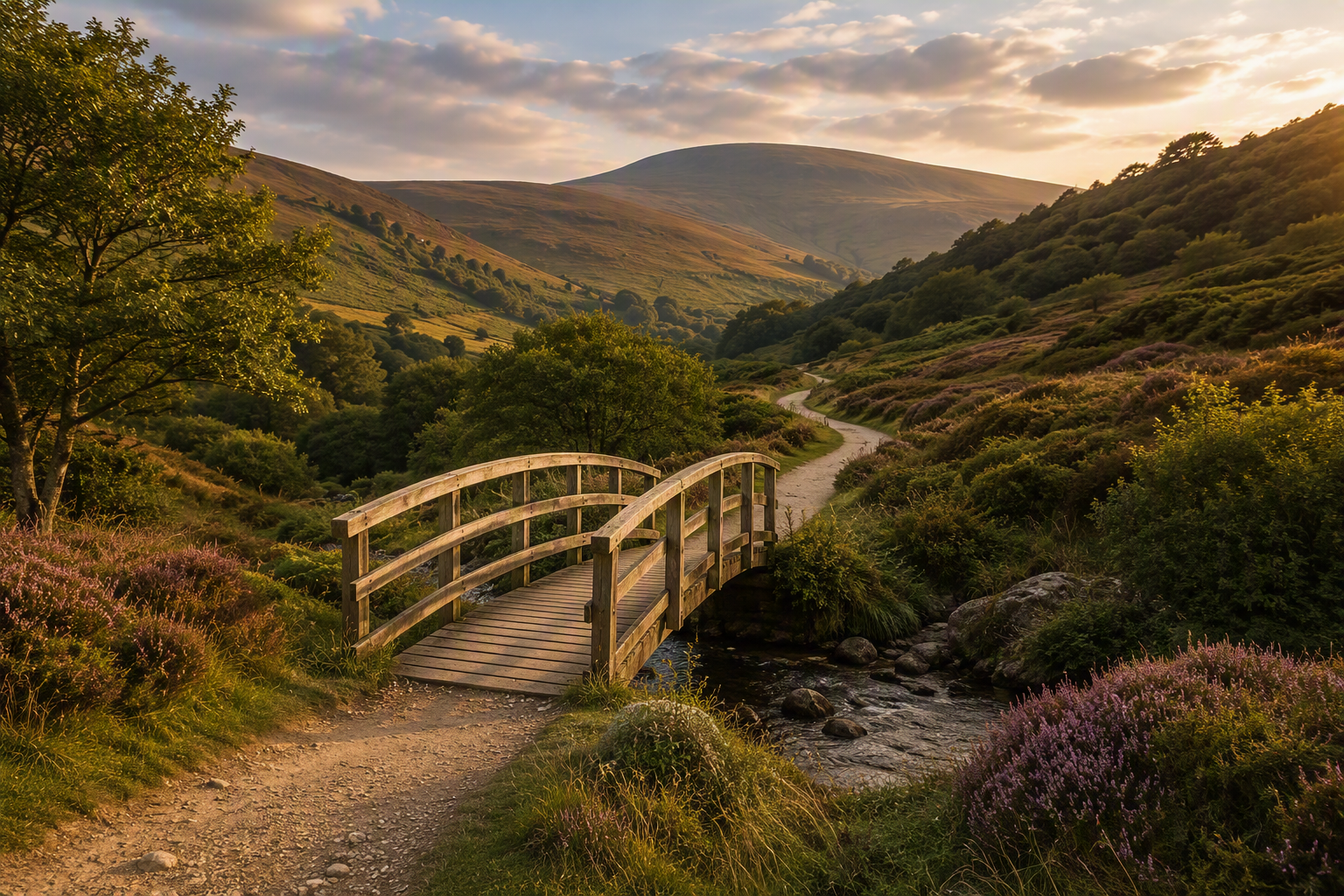 A scenic landscape with a wooden footbridge over a small stream, a winding dirt path, lush green hills, purple wildflowers, and a cloudy sky at sunrise or sunset.