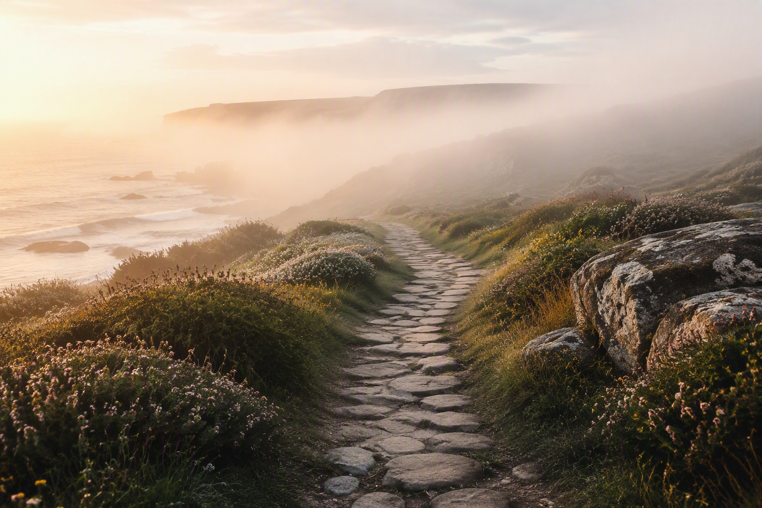 A stone pathway running along a coastal cliff with wildflowers, rocks, foggy atmosphere, and waves in the ocean at sunset or sunrise.