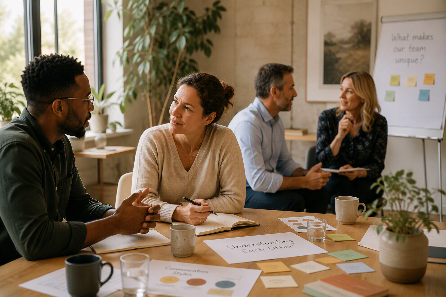 A diverse group of people participating in a team-building workshop in a bright, cozy room, discussing and brainstorming around a table with notes and Coffee mugs.