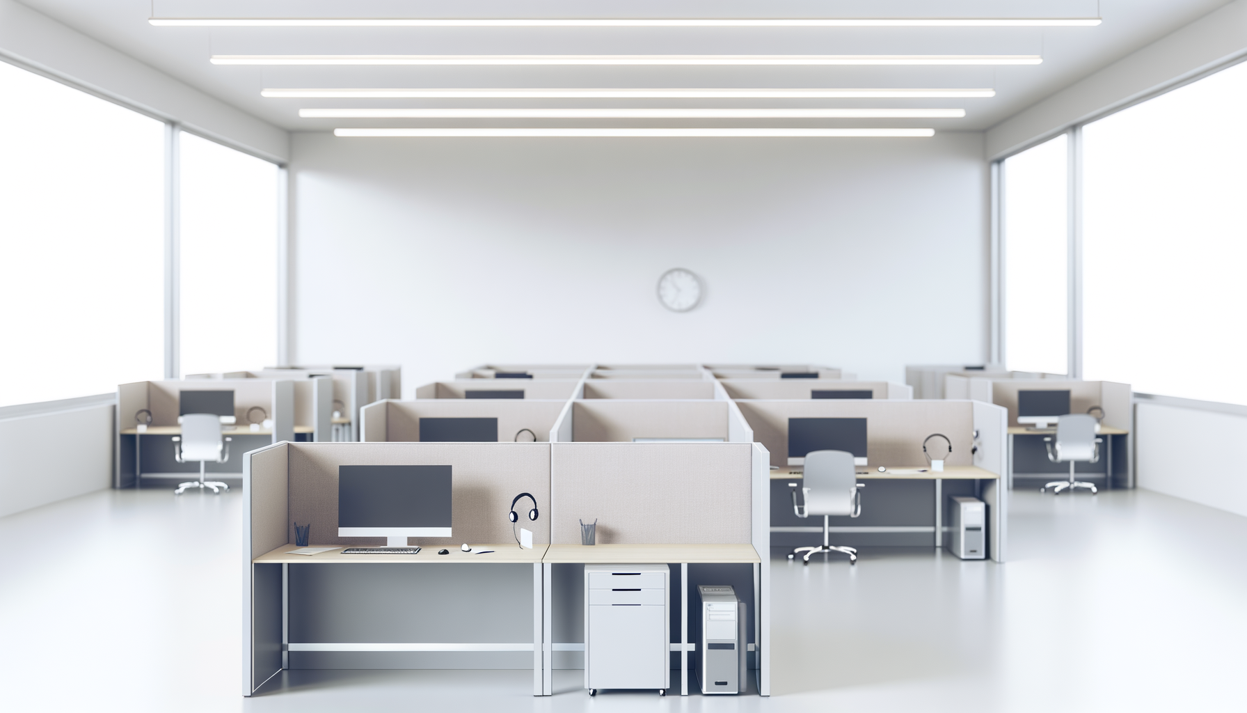 Empty modern office room with rows of cubicles, each equipped with a computer, headphones, and office chair, with large windows on either side and a clock on the back wall.